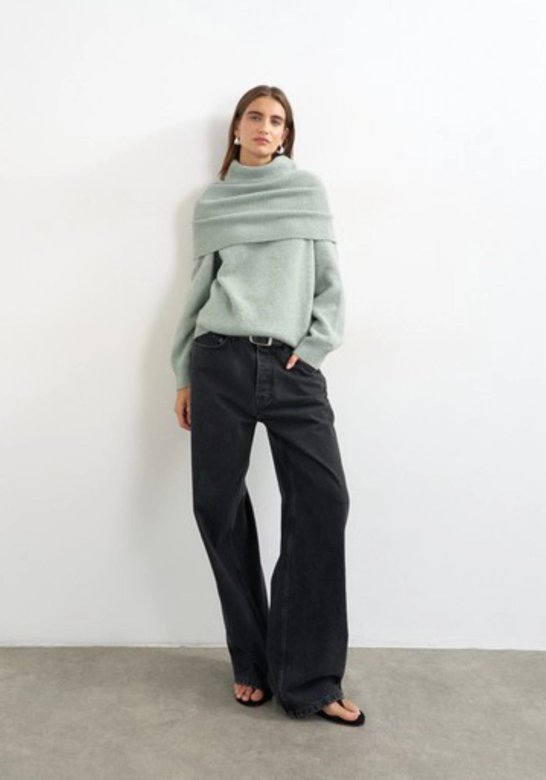 Funa Knitted Deep Fold Jumper - Artichoke Green