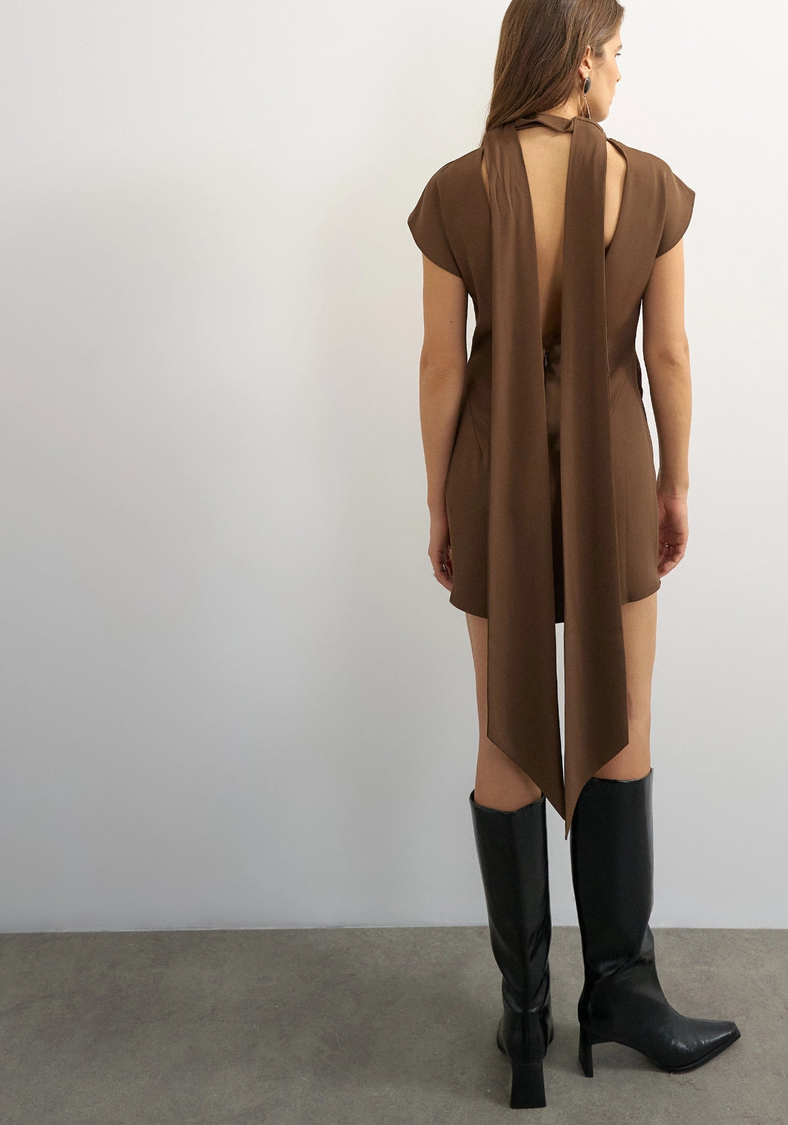 Olivia Scarf Neck Mini Dress - Chocolate Brown