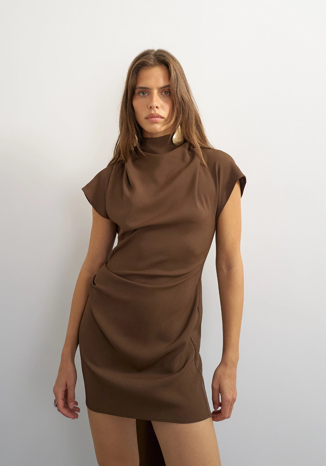 Olivia Scarf Neck Mini Dress - Chocolate Brown