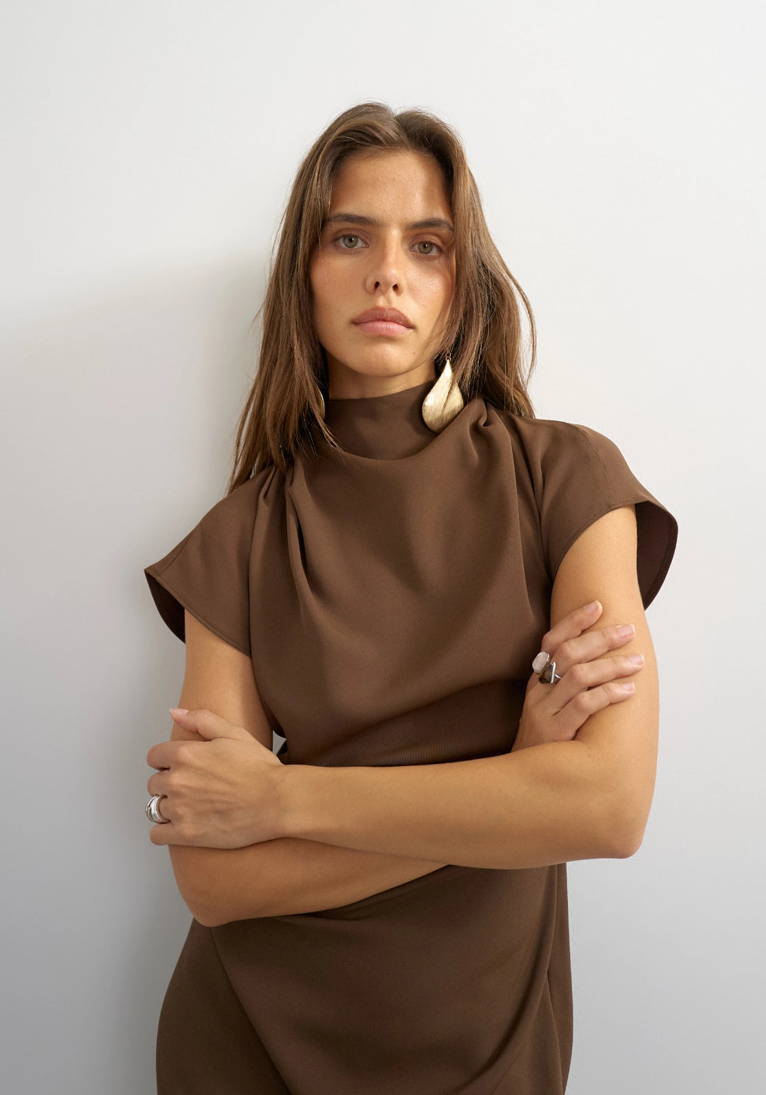 Olivia Scarf Neck Mini Dress - Chocolate Brown