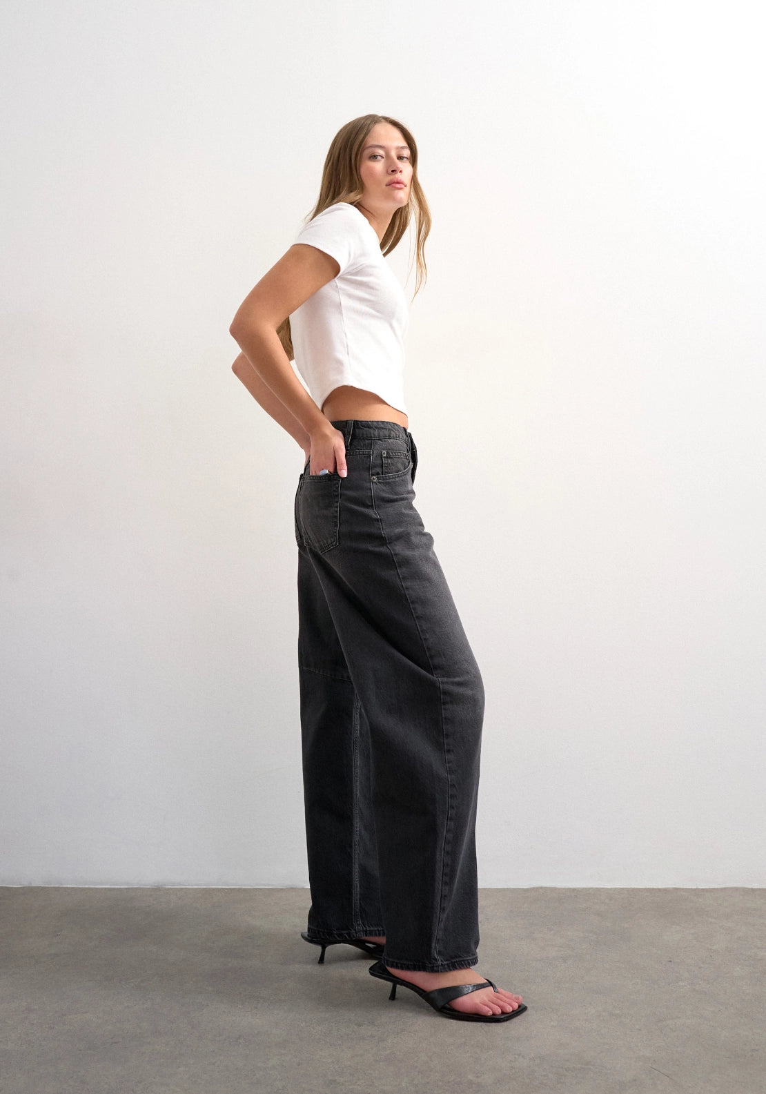 Topshop High-Rise Barrel Leg Jeans - Black Denim 3 Shaws Department Stores