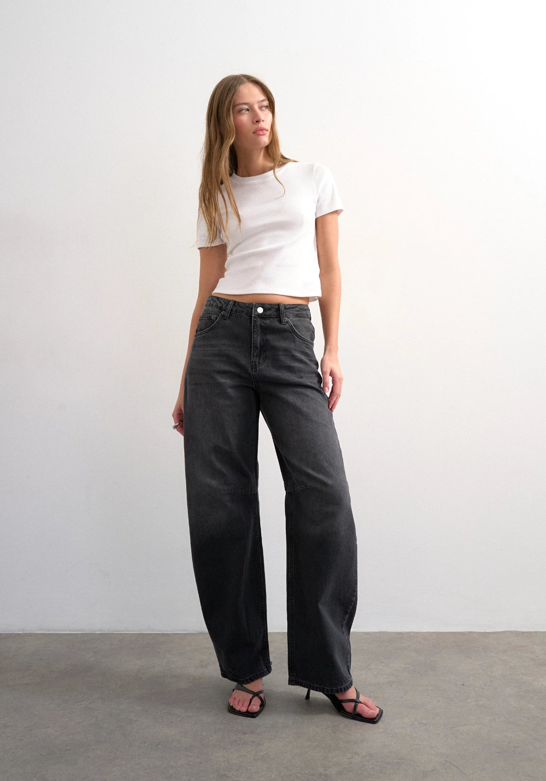 Topshop High-Rise Barrel Leg Jeans - Black Denim 1 Shaws Department Stores