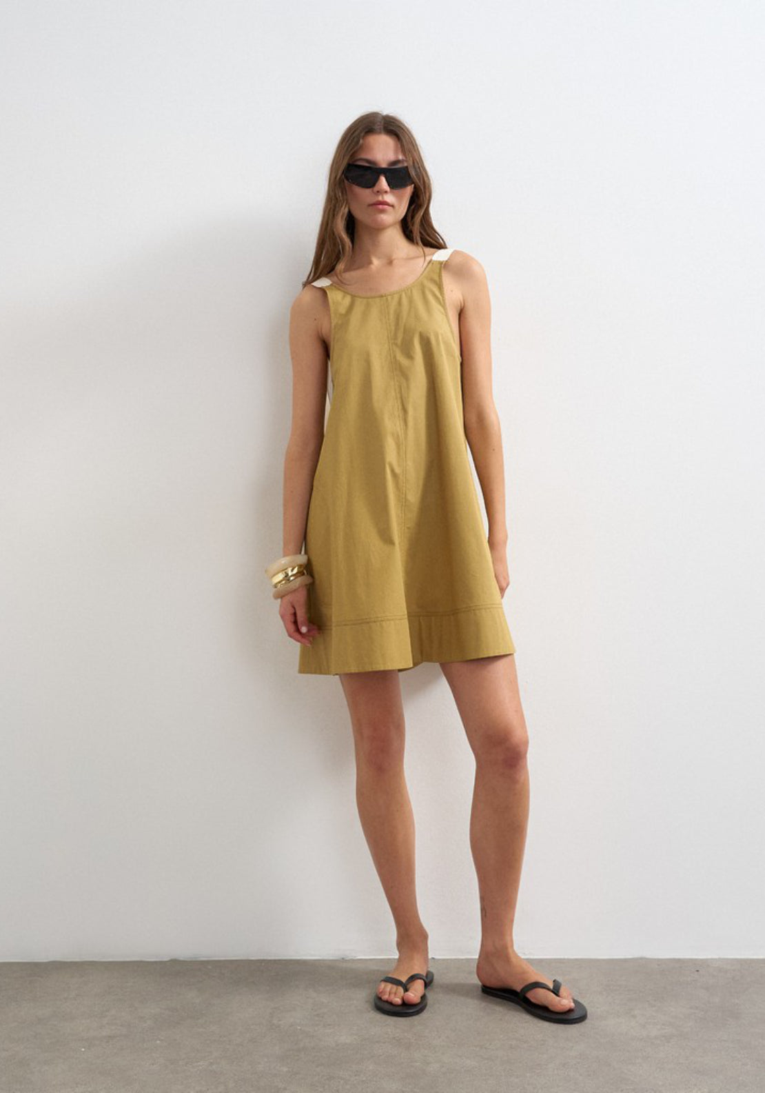 Mary Contrast Smock Mini Dress - Pale Khaki