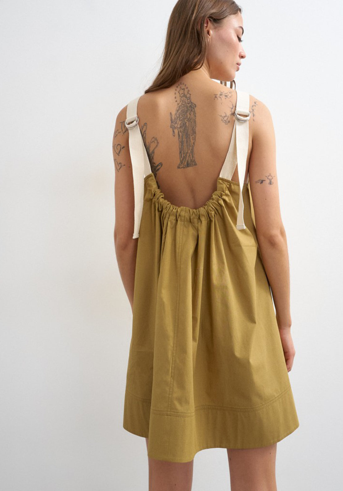 Mary Contrast Smock Mini Dress - Pale Khaki