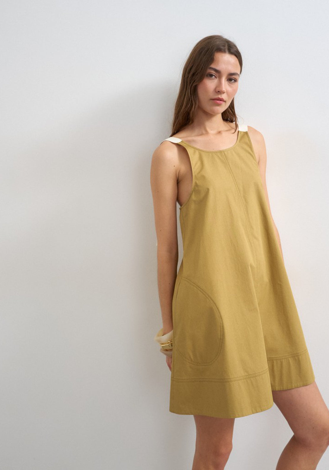 Mary Contrast Smock Mini Dress - Pale Khaki