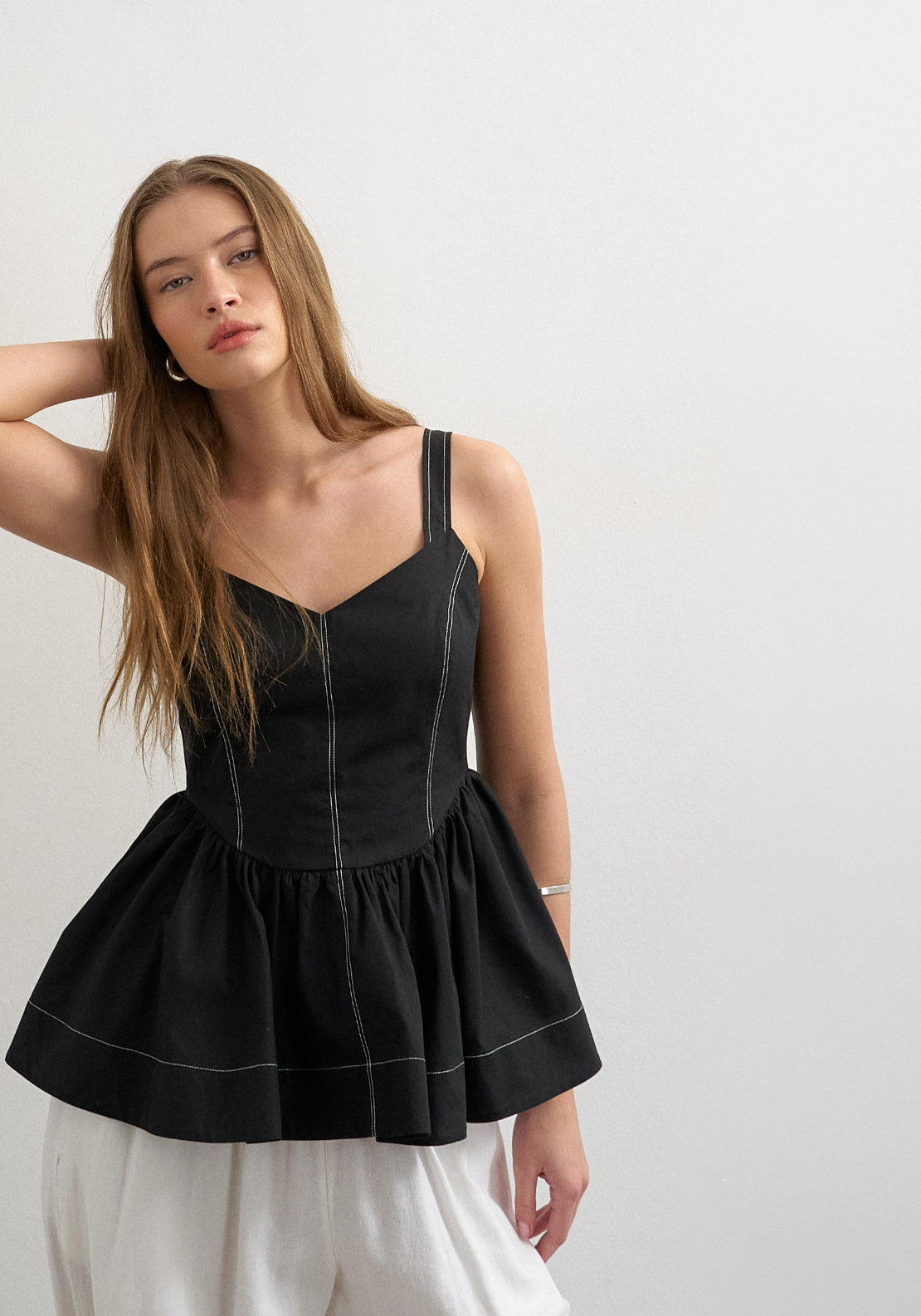 Topshop 100% Cotton Miranda Peplum Cami Top - Black 1 Shaws Department Stores