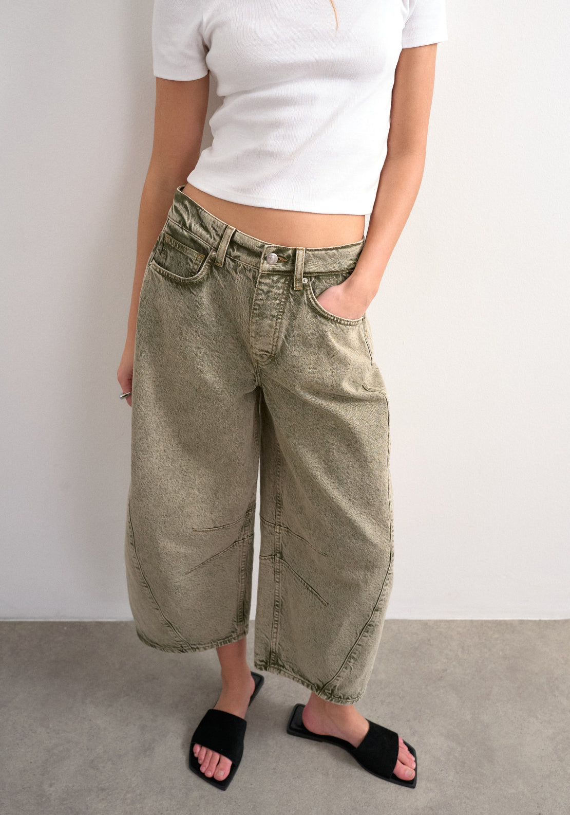 Topshop 100% Cotton April Crop Barrel Jeans - Green 4 Shaws Department Stores