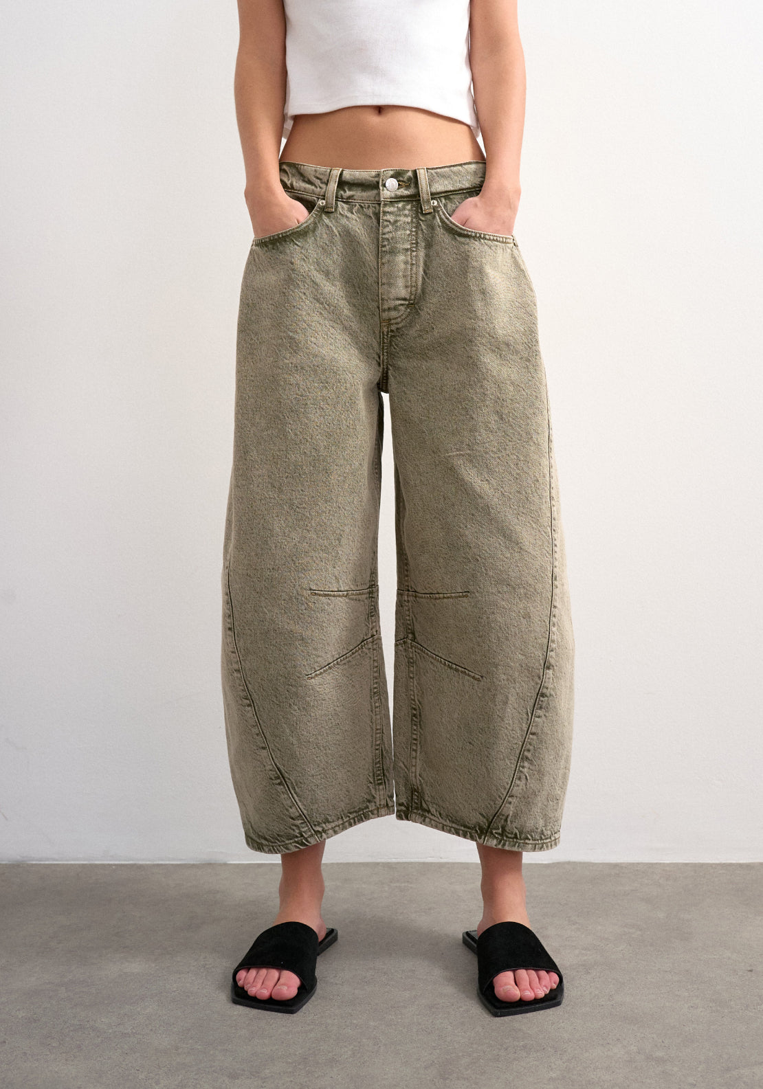 Topshop 100% Cotton April Crop Barrel Jeans - Green 1 Shaws Department Stores
