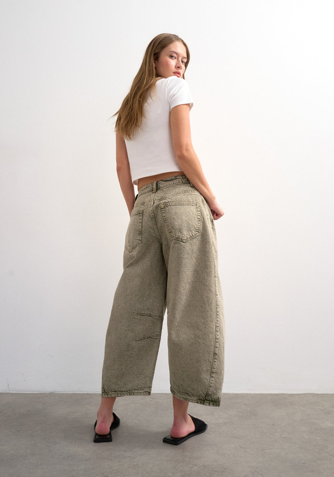 Topshop 100% Cotton April Crop Barrel Jeans - Green 2 Shaws Department Stores