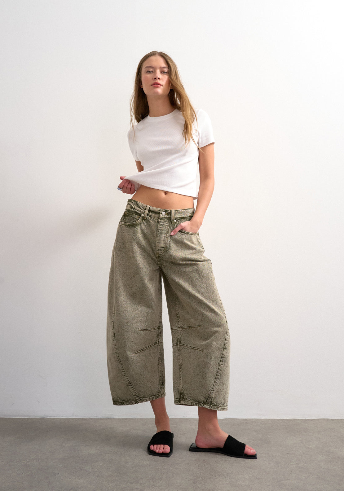Topshop 100% Cotton April Crop Barrel Jeans - Green 5 Shaws Department Stores