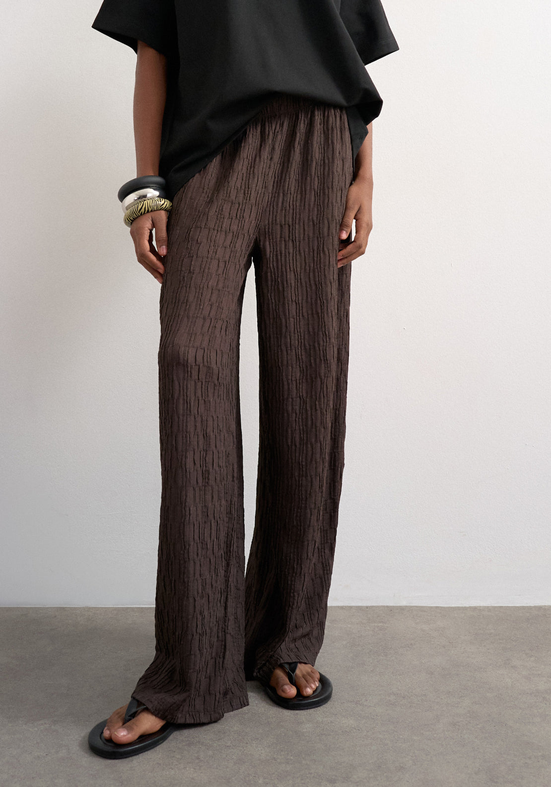 Topshop Josa Crinkle Wide Leg Trousers - Chocolate Brown 1 Shaws Department Stores