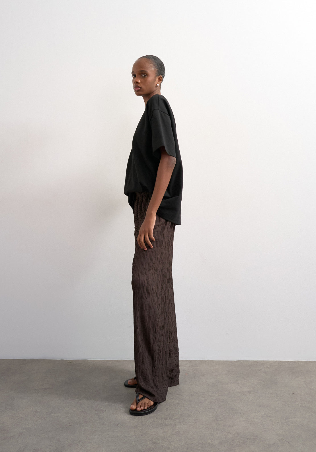 Topshop Josa Crinkle Wide Leg Trousers - Chocolate Brown 3 Shaws Department Stores