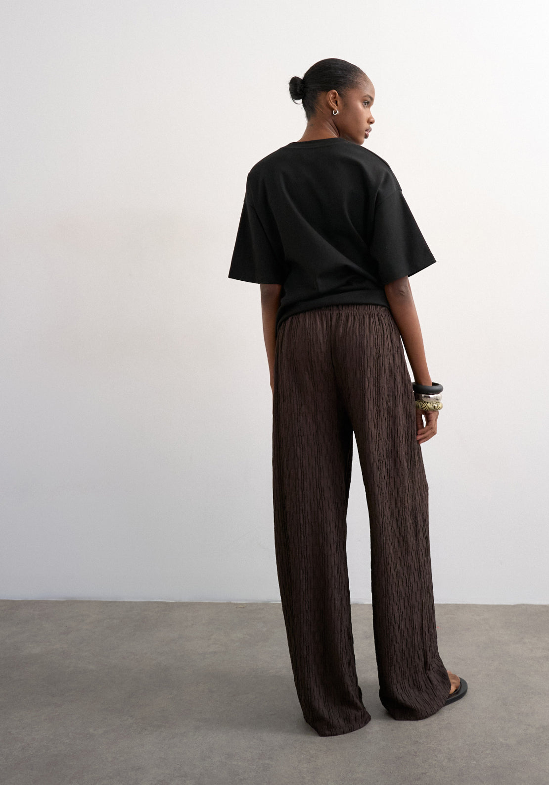 Topshop Josa Crinkle Wide Leg Trousers - Chocolate Brown 2 Shaws Department Stores