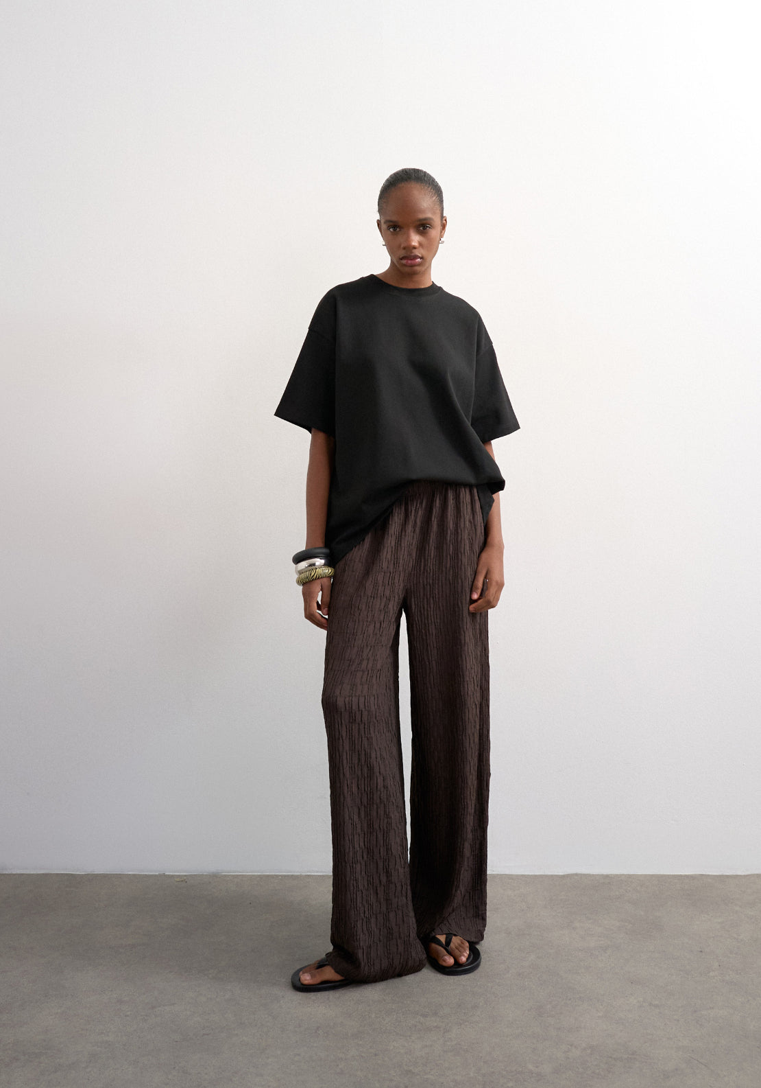 Topshop Josa Crinkle Wide Leg Trousers - Chocolate Brown 5 Shaws Department Stores
