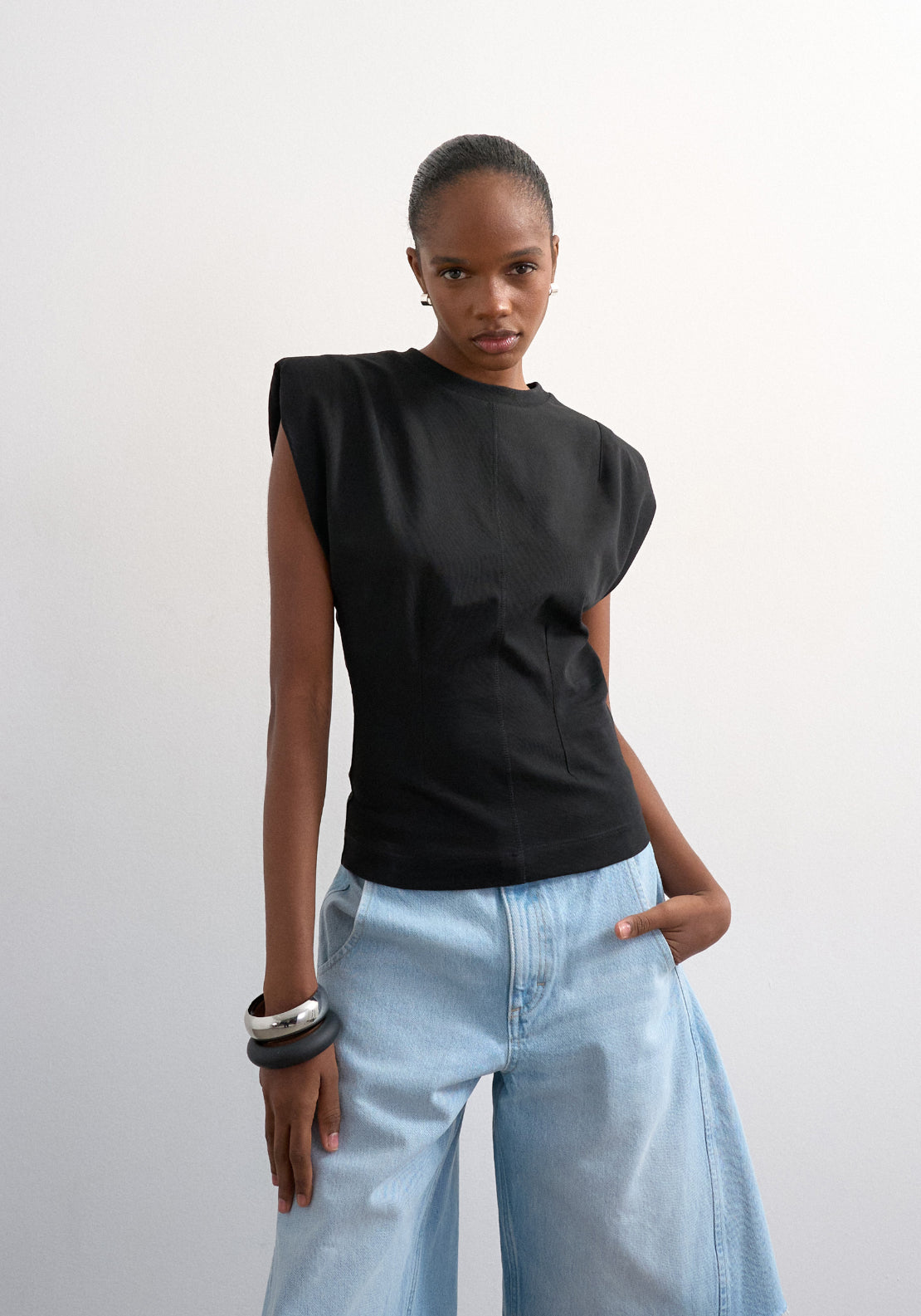 Topshop Julla Shoulder Pad T-Shirt - Black 1 Shaws Department Stores