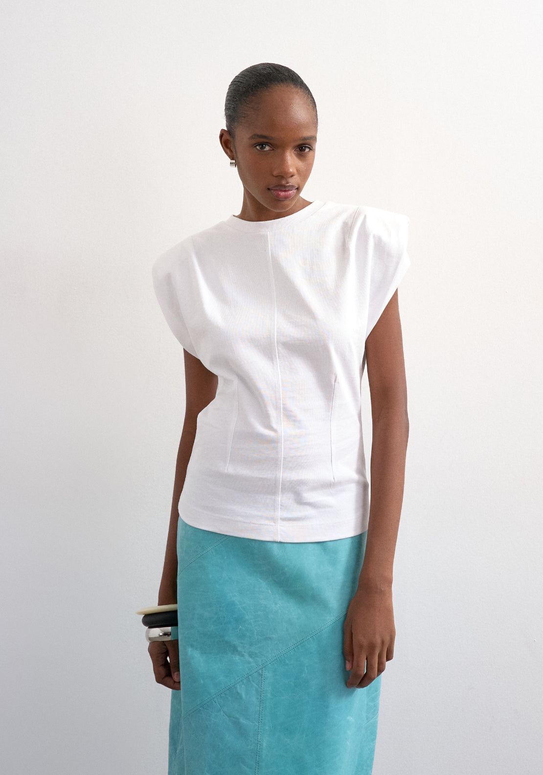 Topshop Julla Shoulder Pad T-Shirt - Snow White 1 Shaws Department Stores