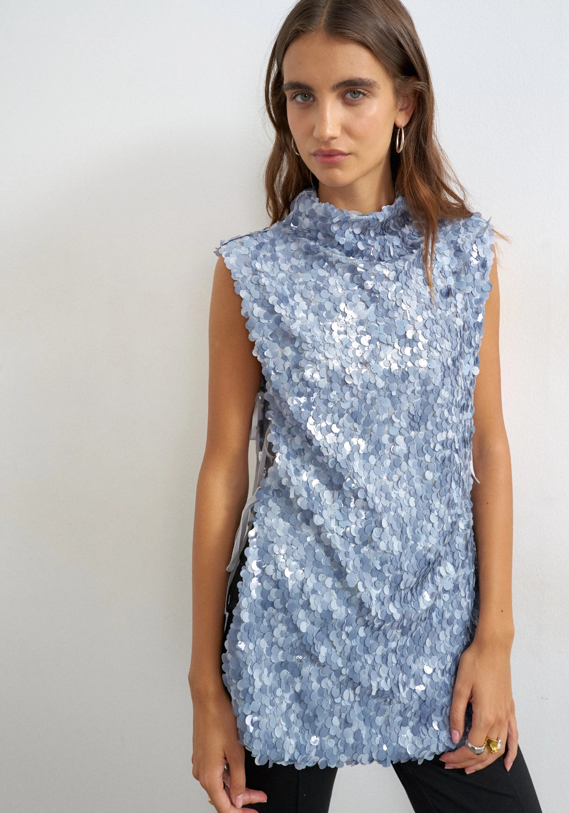 Carla Sequin Side Tie Tunic Top - Blue