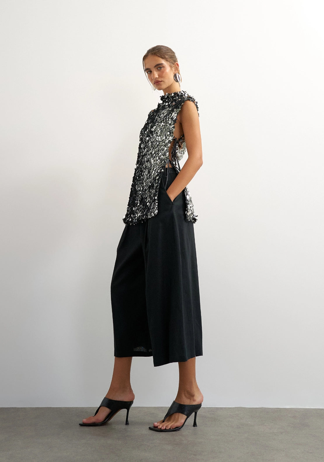 Carla Sequin Side Tie Tunic Top - Jet Black