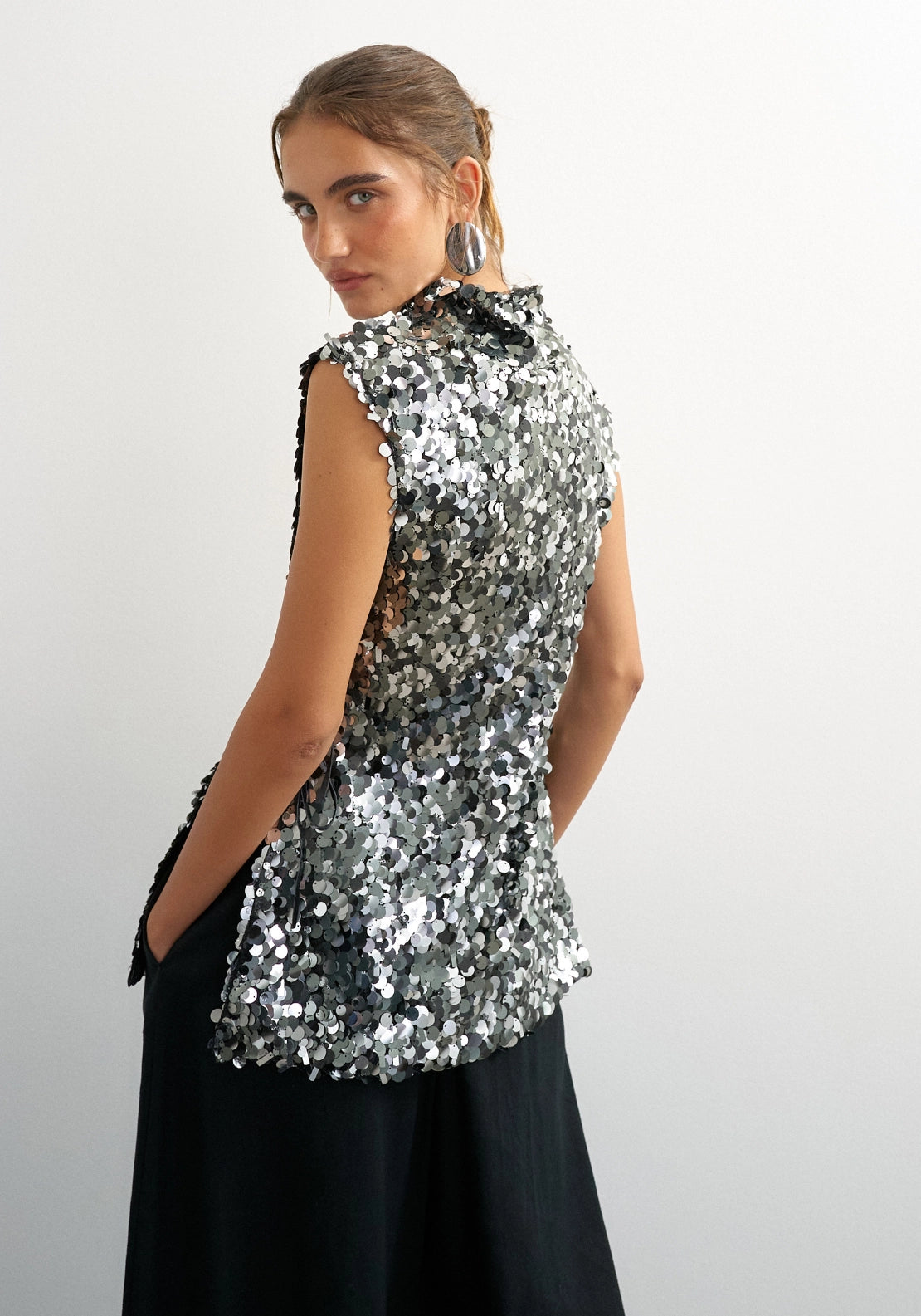 Carla Sequin Side Tie Tunic Top - Jet Black
