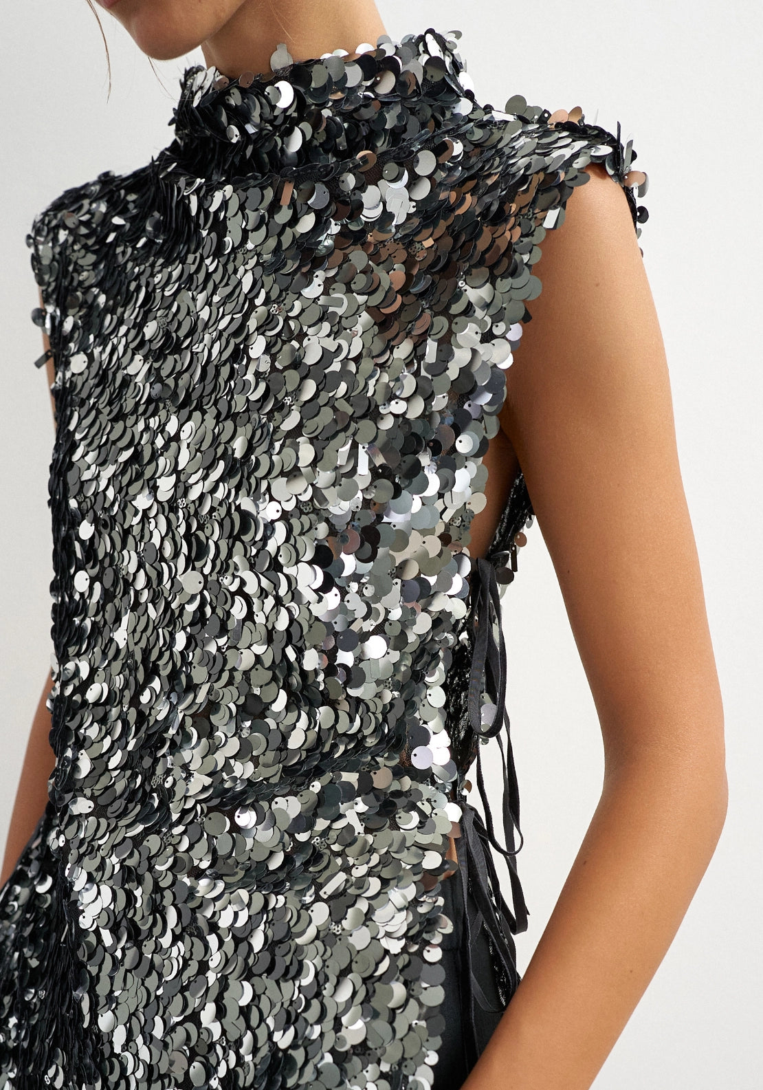 Carla Sequin Side Tie Tunic Top - Jet Black