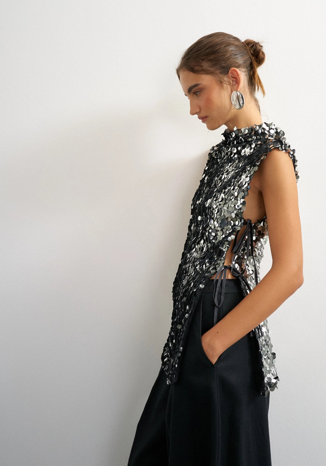Carla Sequin Side Tie Tunic Top - Jet Black