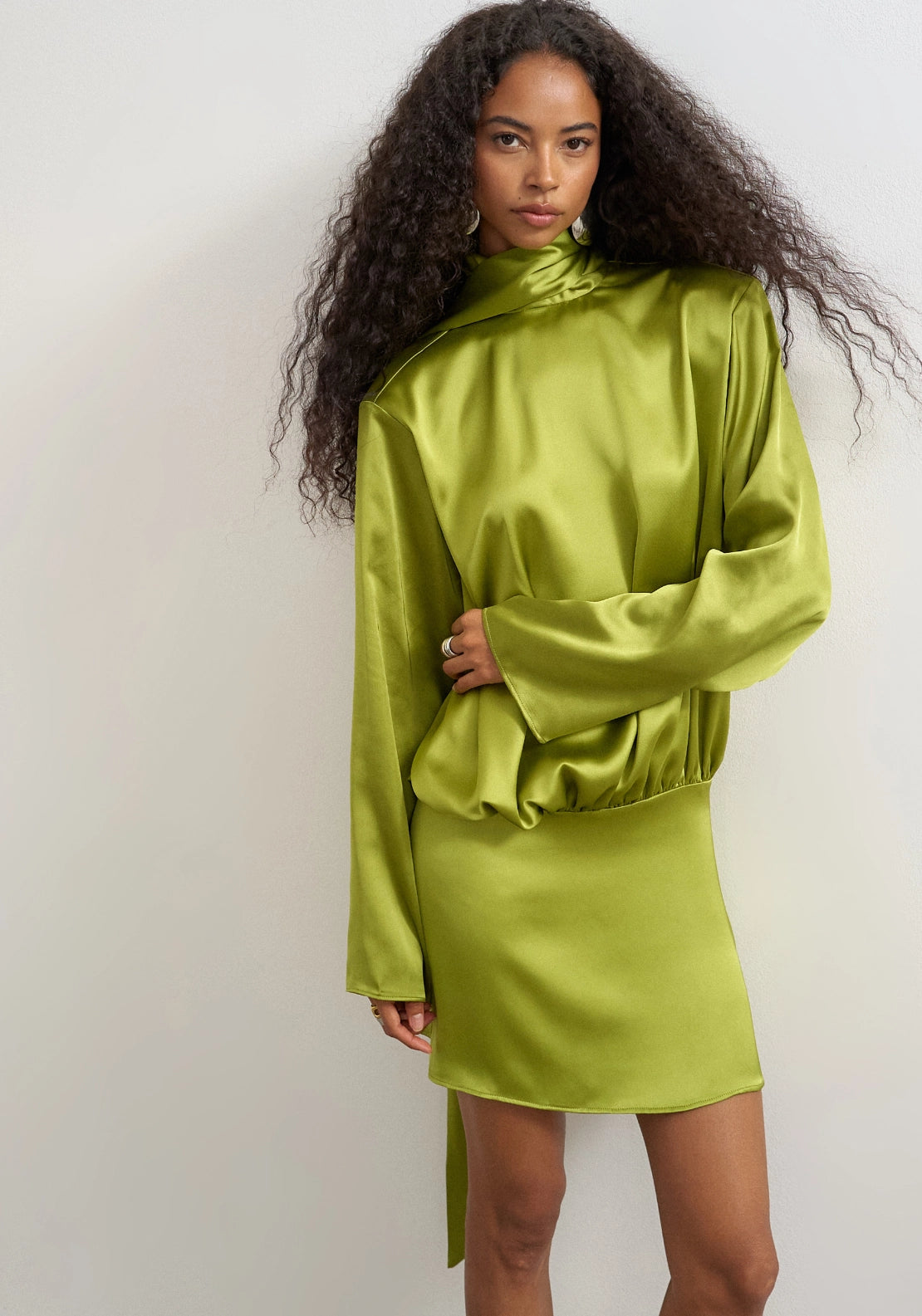 Topshop Ceren Satin Scarf Tie Mini Dress - Macaw Green 1 Shaws Department Stores