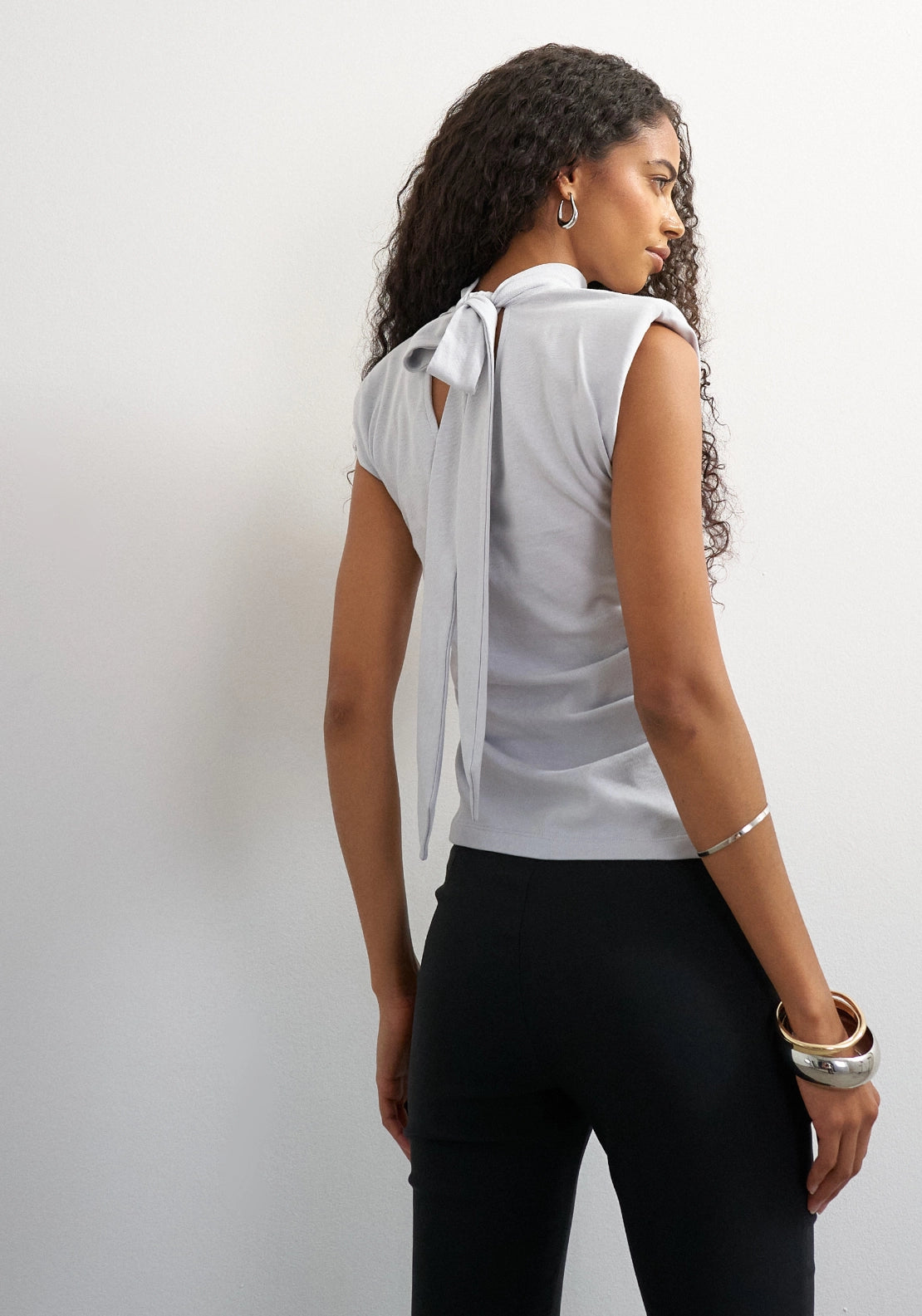 Benda Short Sleeve Scarf Tank Top - Silver