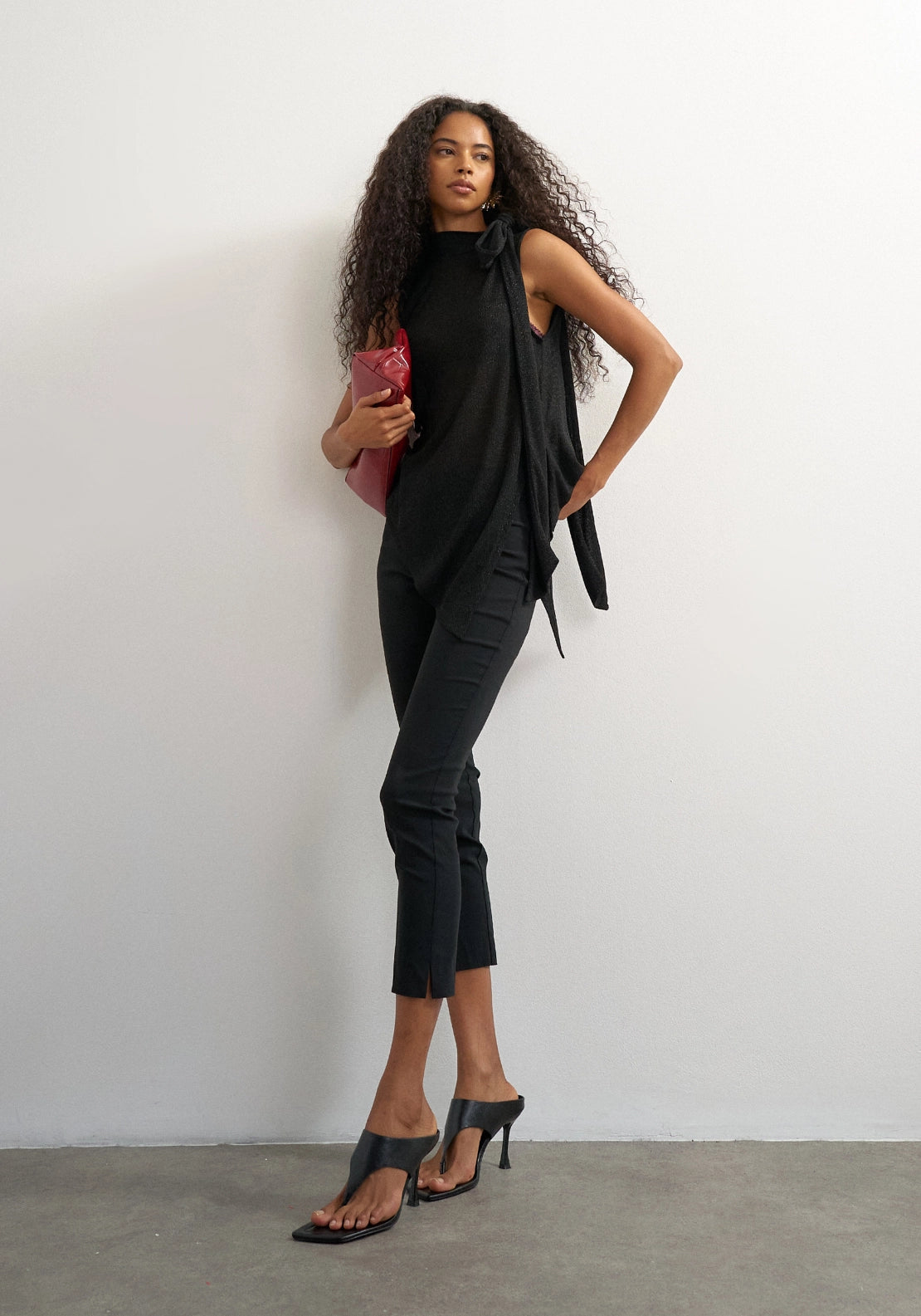 Betsy Long Sleeve High Neck Scarf Top - Jet Black