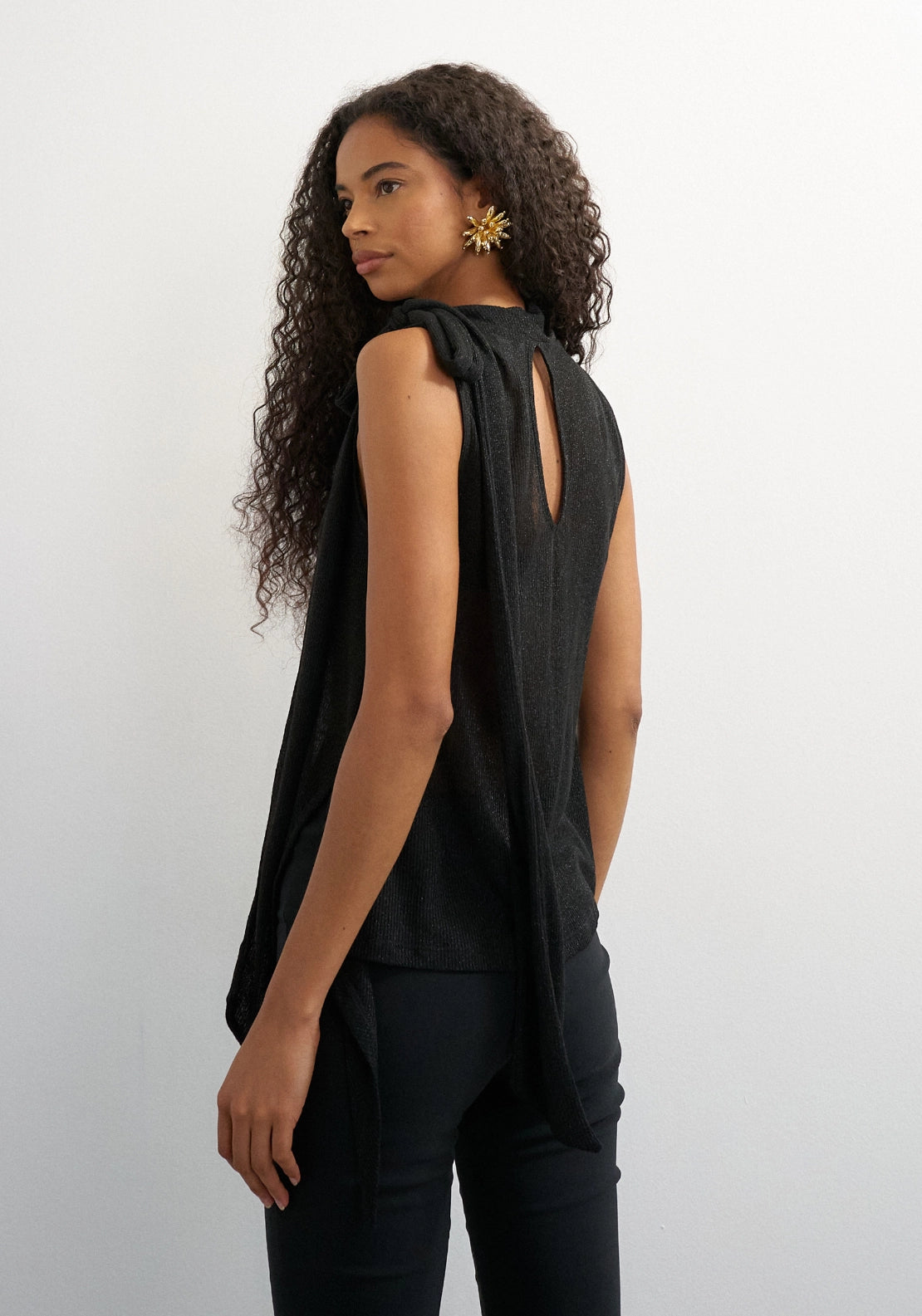 Betsy Long Sleeve High Neck Scarf Top - Jet Black