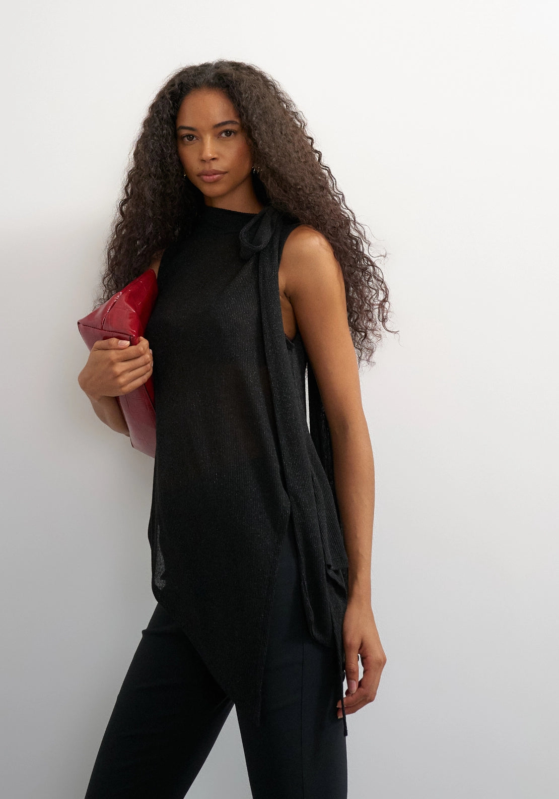 Betsy Long Sleeve High Neck Scarf Top - Jet Black