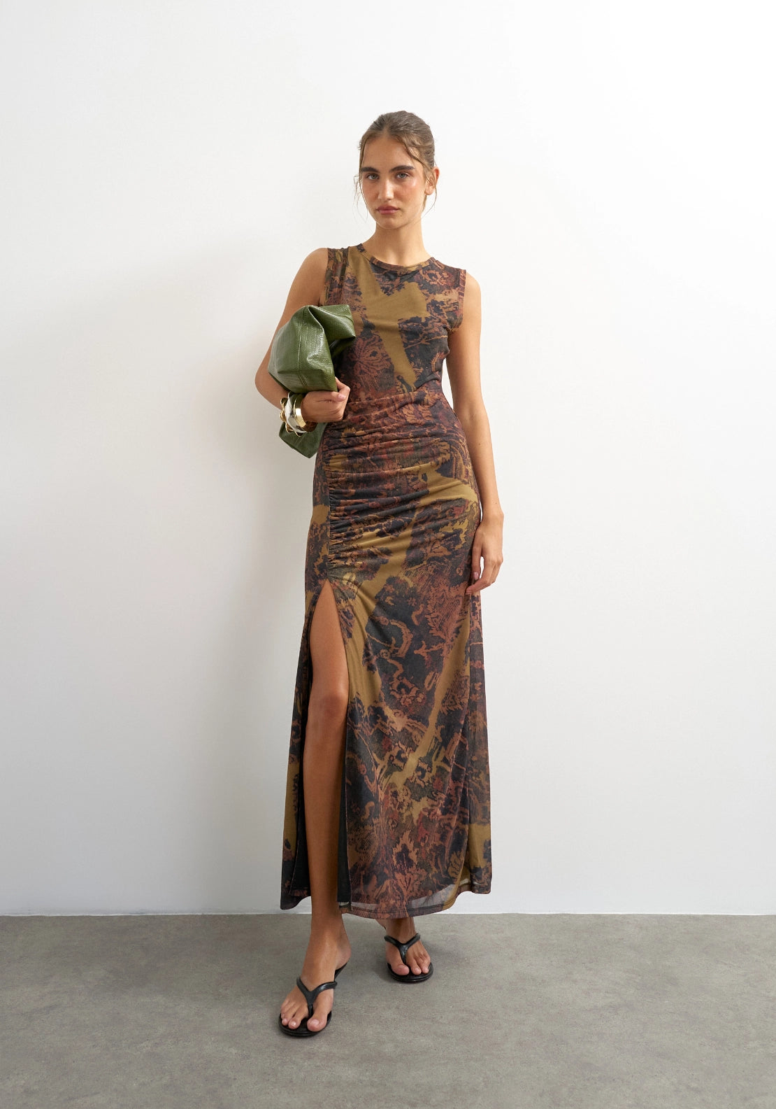 Caisa Mesh Check Tapestry Maxi Dress - Downtown Brown