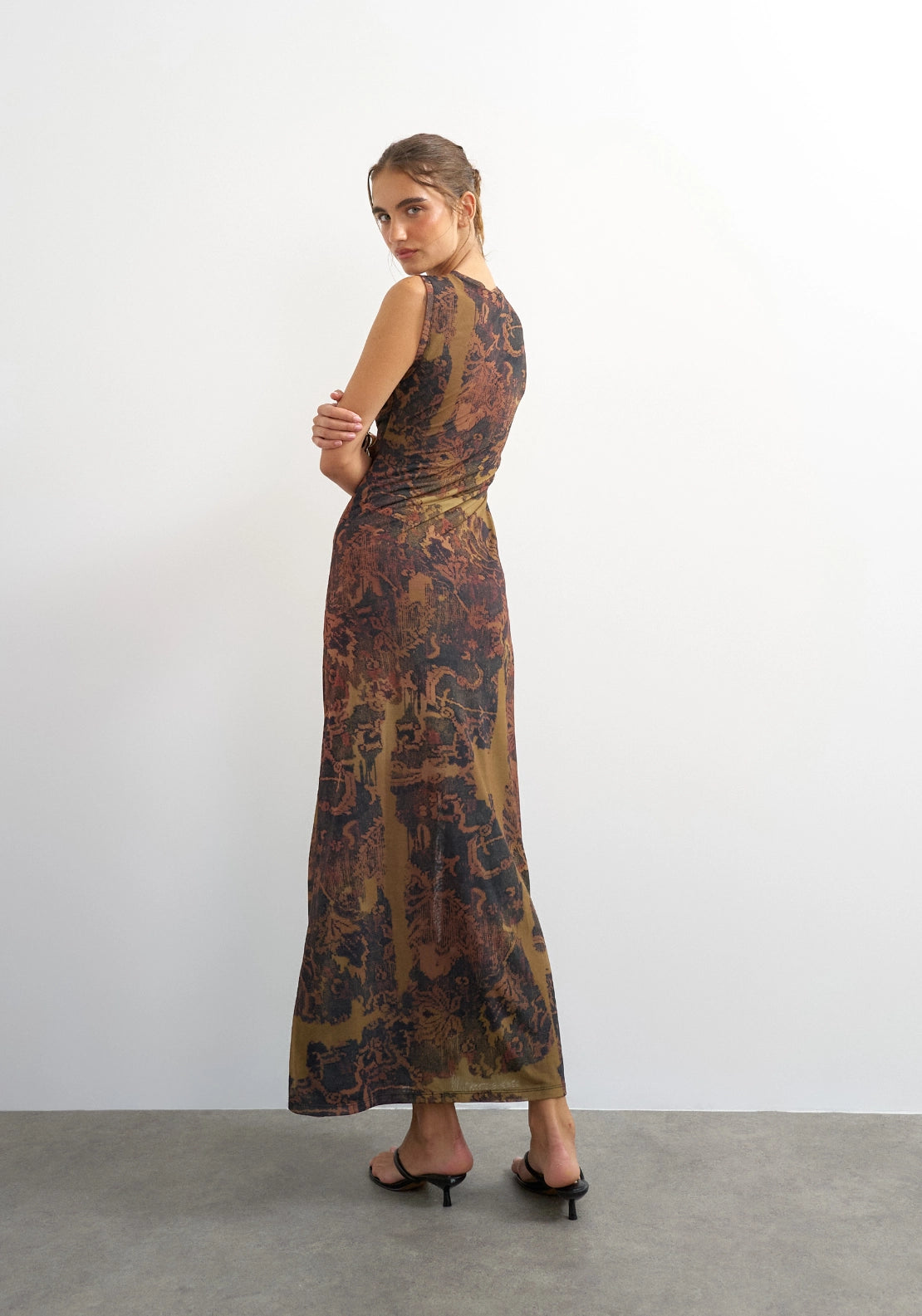 Caisa Mesh Check Tapestry Maxi Dress - Downtown Brown