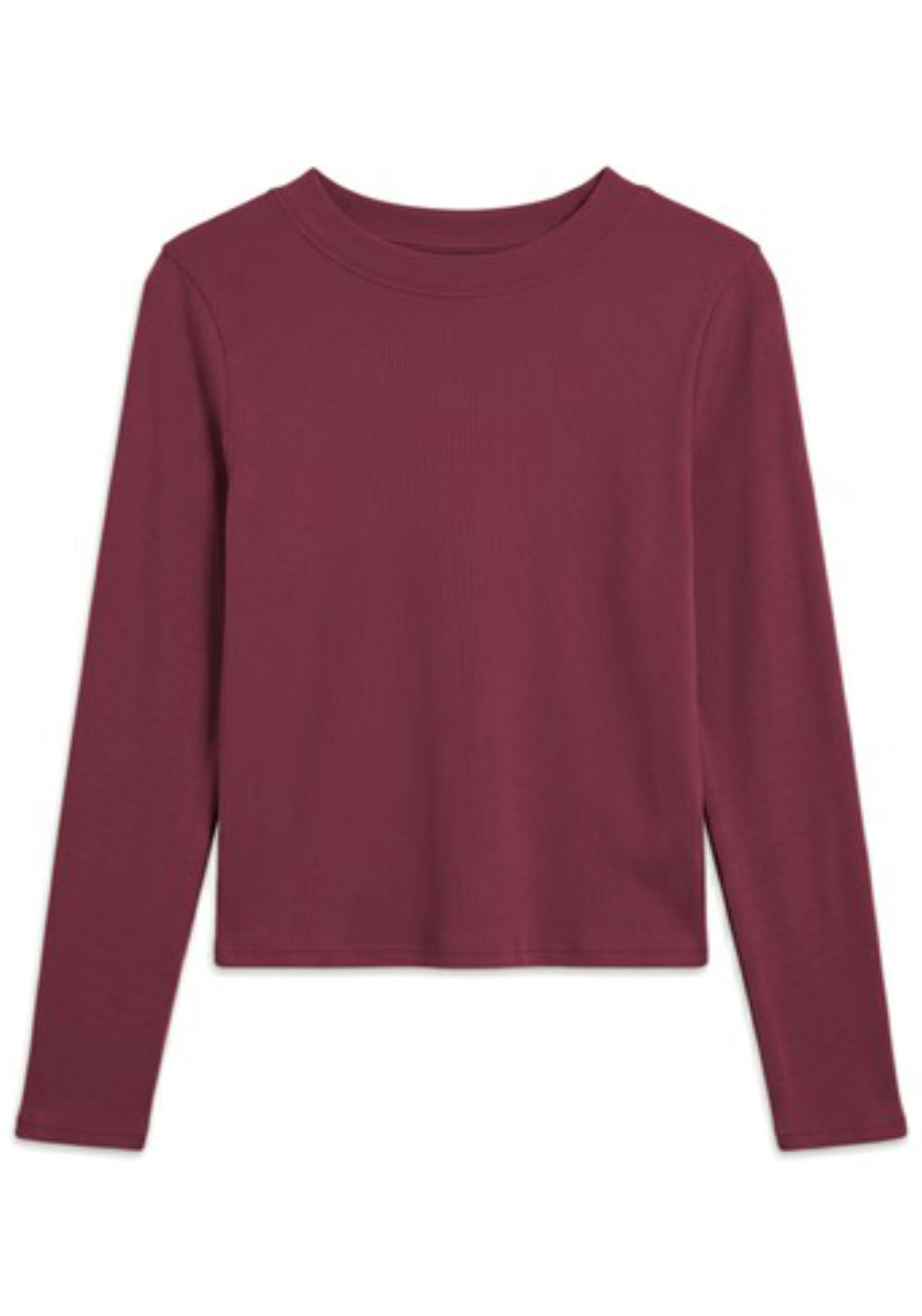 Bea Long Sleeve Rib Curved Hem Top - Burgundy