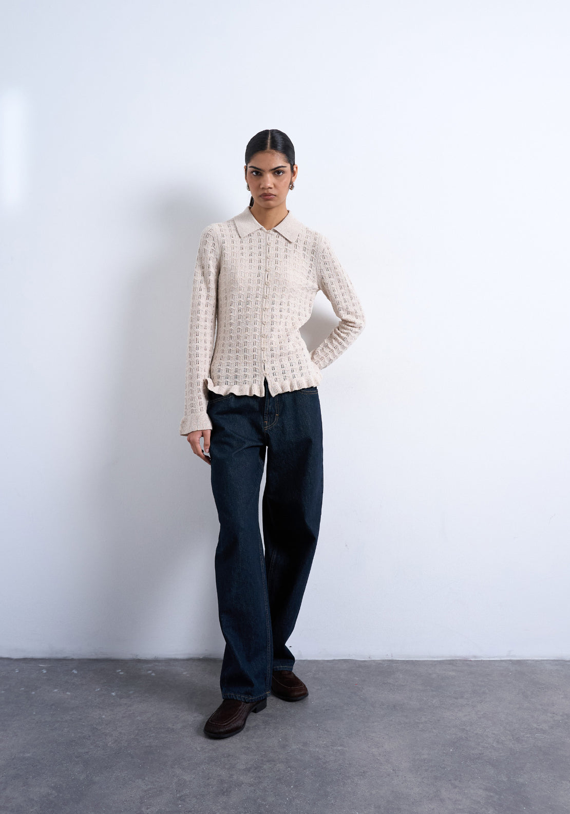 Topshop Emma Frill Long Sleeve Button Pullover - Oatmeal 1 Shaws Department Stores