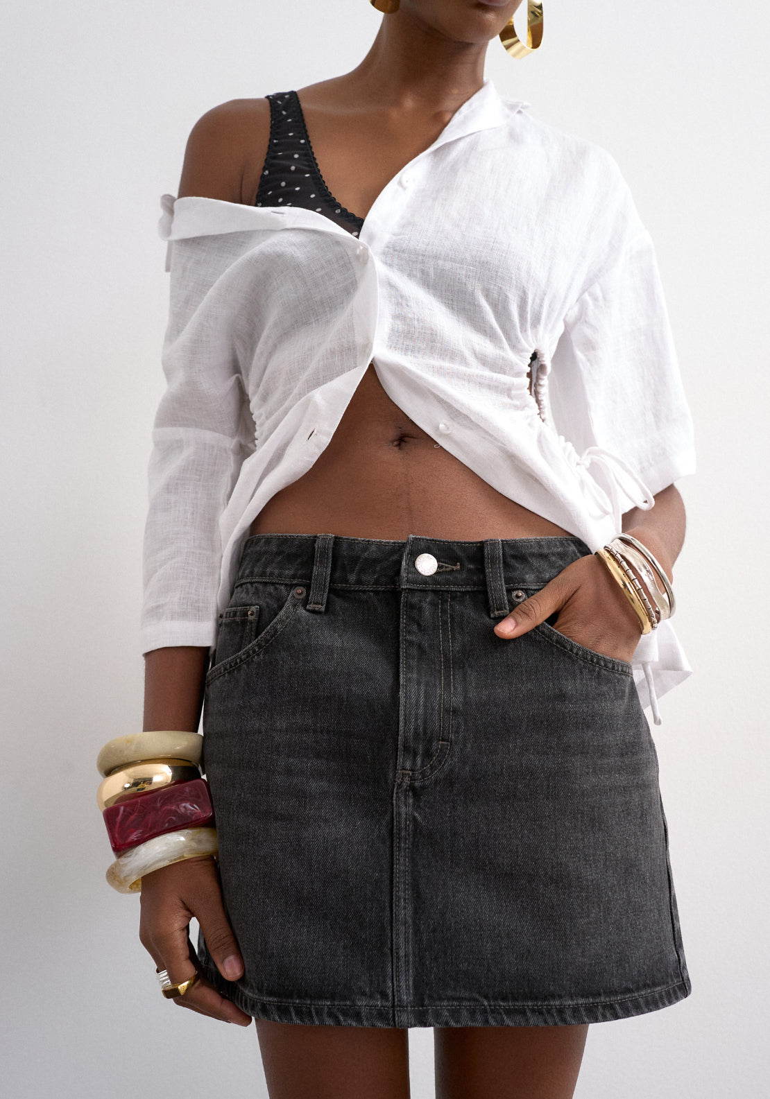 Topshop Silje High Rise Mini Denim Skirt - Black Denim 1 Shaws Department Stores