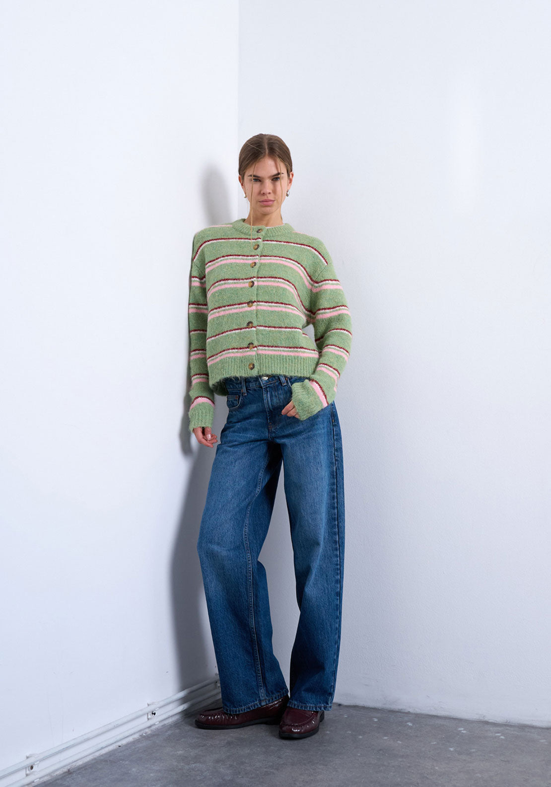 Topshop Caro Stripe Cardigan - Bright Green 4 Shaws Department Stores