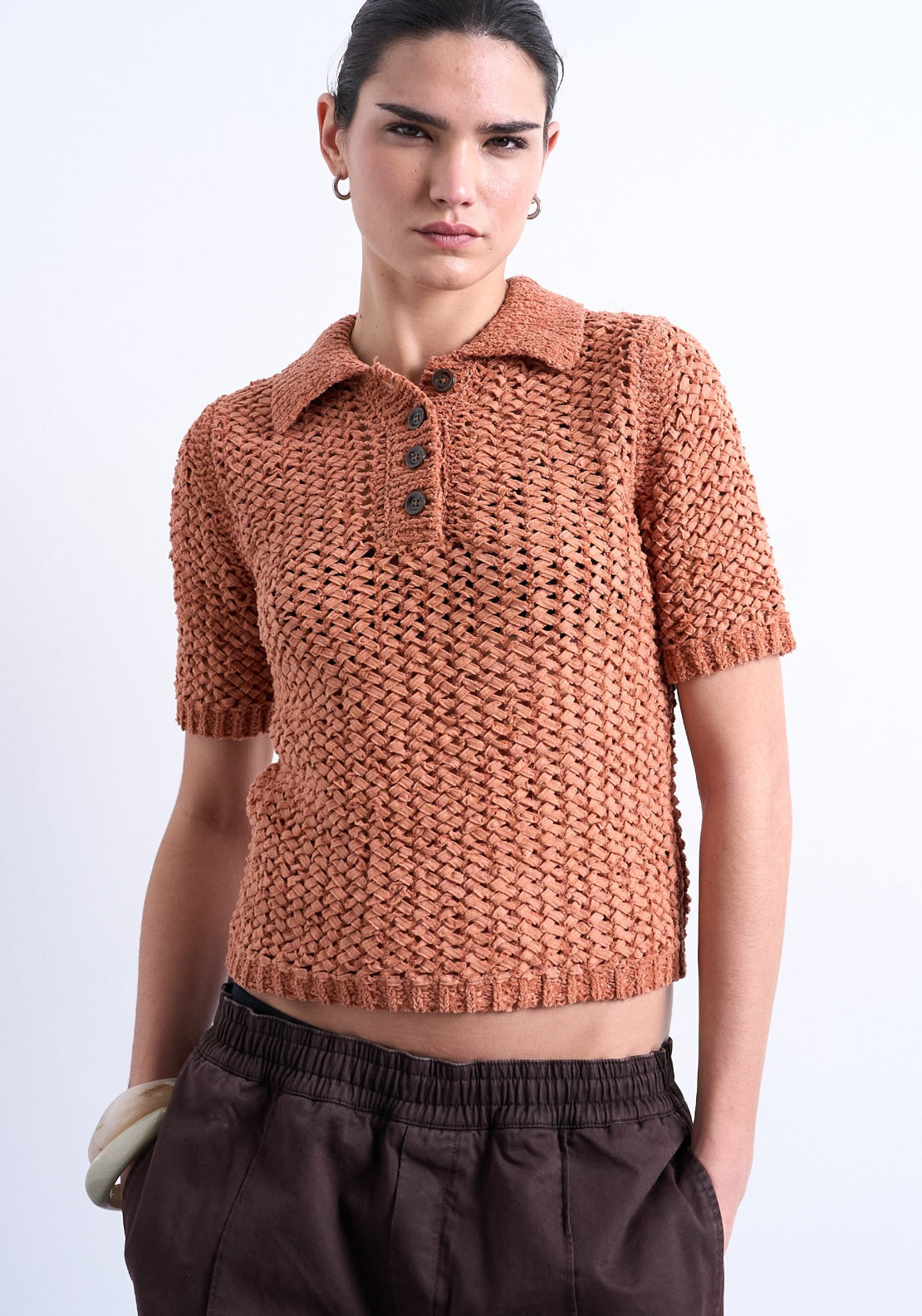 Topshop Alice Short Sleeve Polo Pullover - Rust 1 Shaws Department Stores