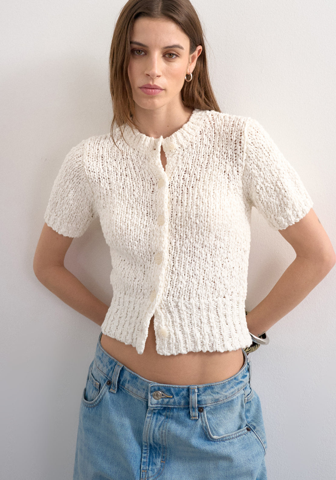 Topshop Ivy Short Sleeve Collar Cardigan - Pearled Ivory 1 Shaws Department Stores