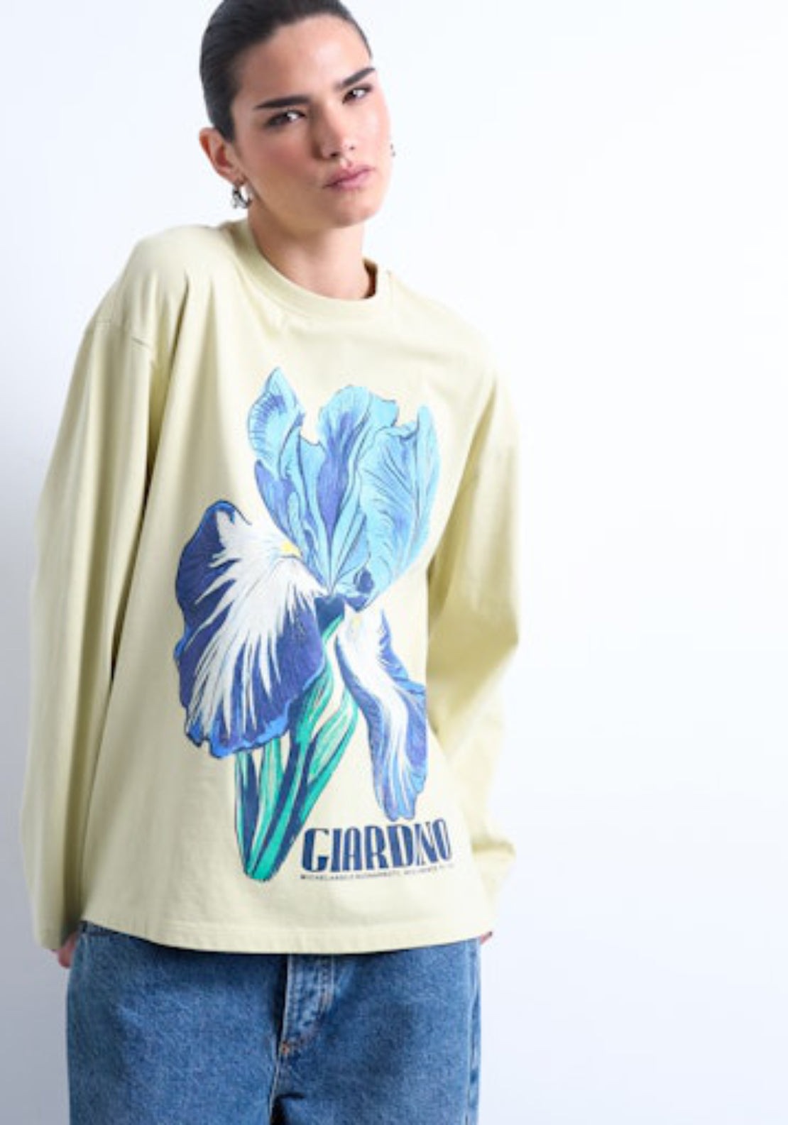 Topshop Carin Long Sleeve Graphic T-Shirt - Fog Green 1 Shaws Department Stores