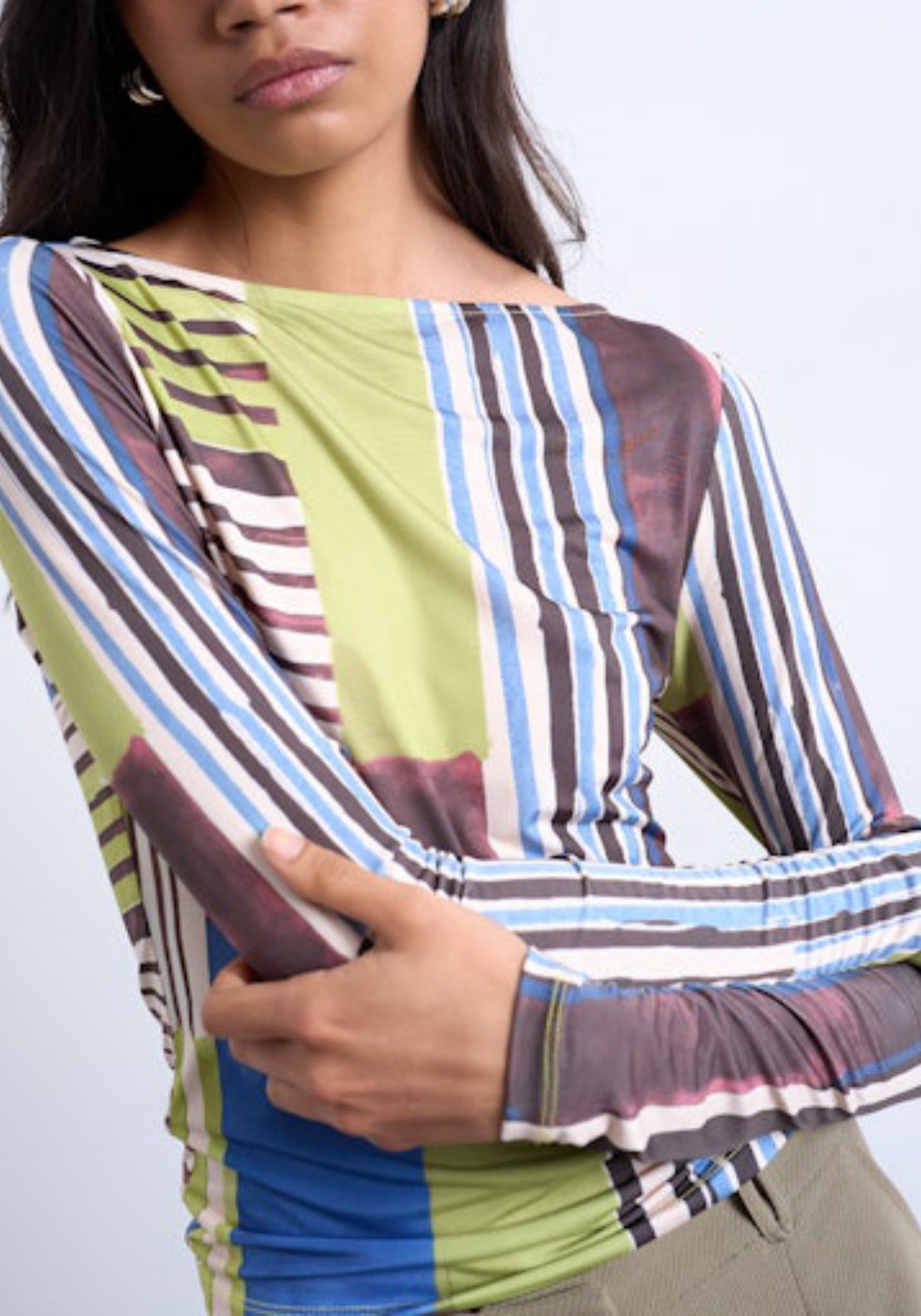 Topshop Caroline Long Sleeve Stripe Top - Bright Green 3 Shaws Department Stores