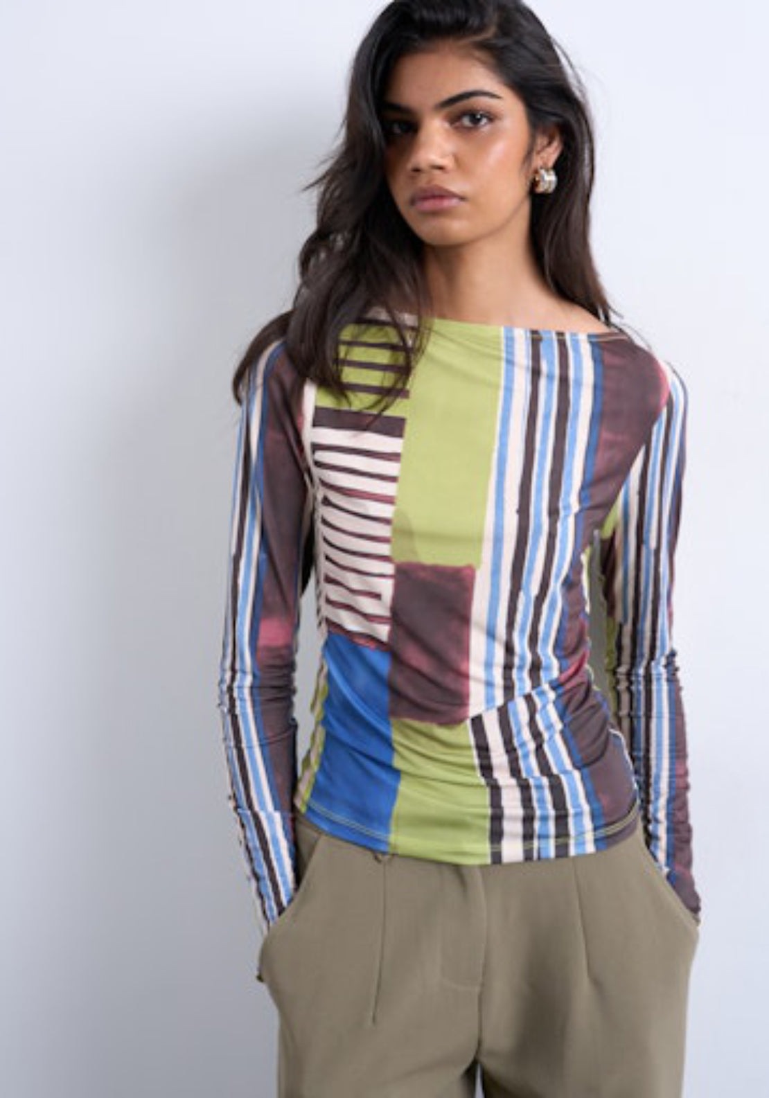 Topshop Caroline Long Sleeve Stripe Top - Bright Green 1 Shaws Department Stores