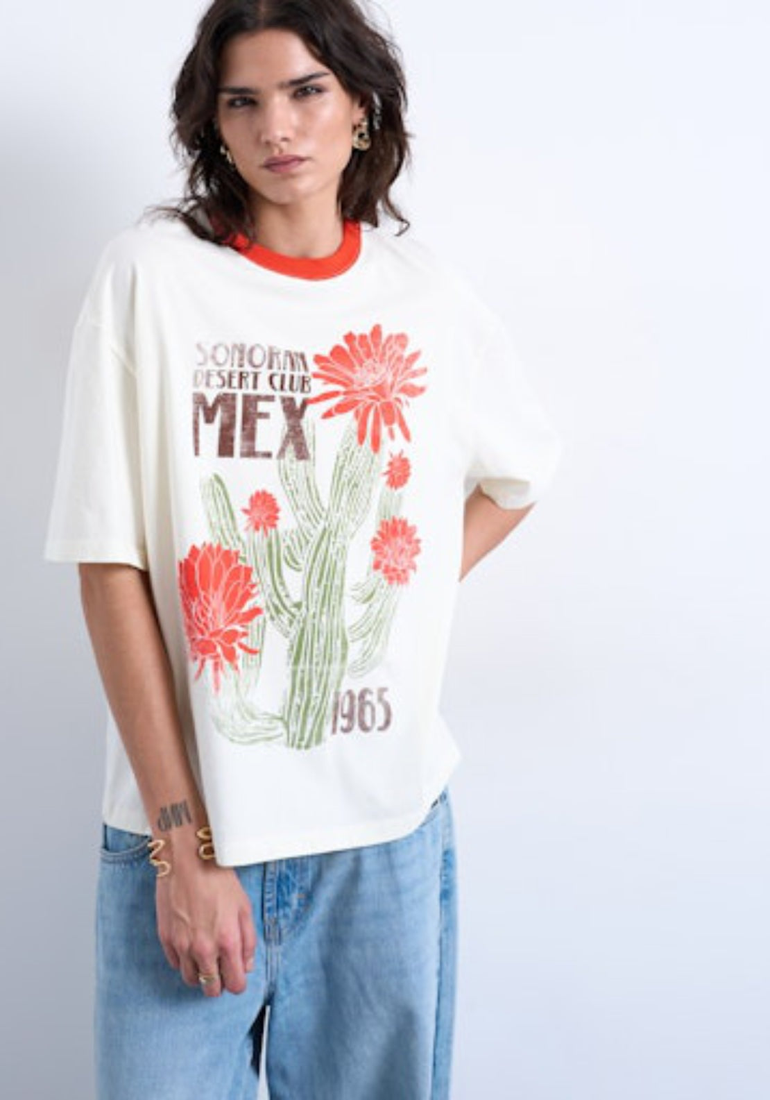 Topshop Emily Short Sleeve Graphic Oversized T-Shirt - Ecru 1 Shaws Department Stores