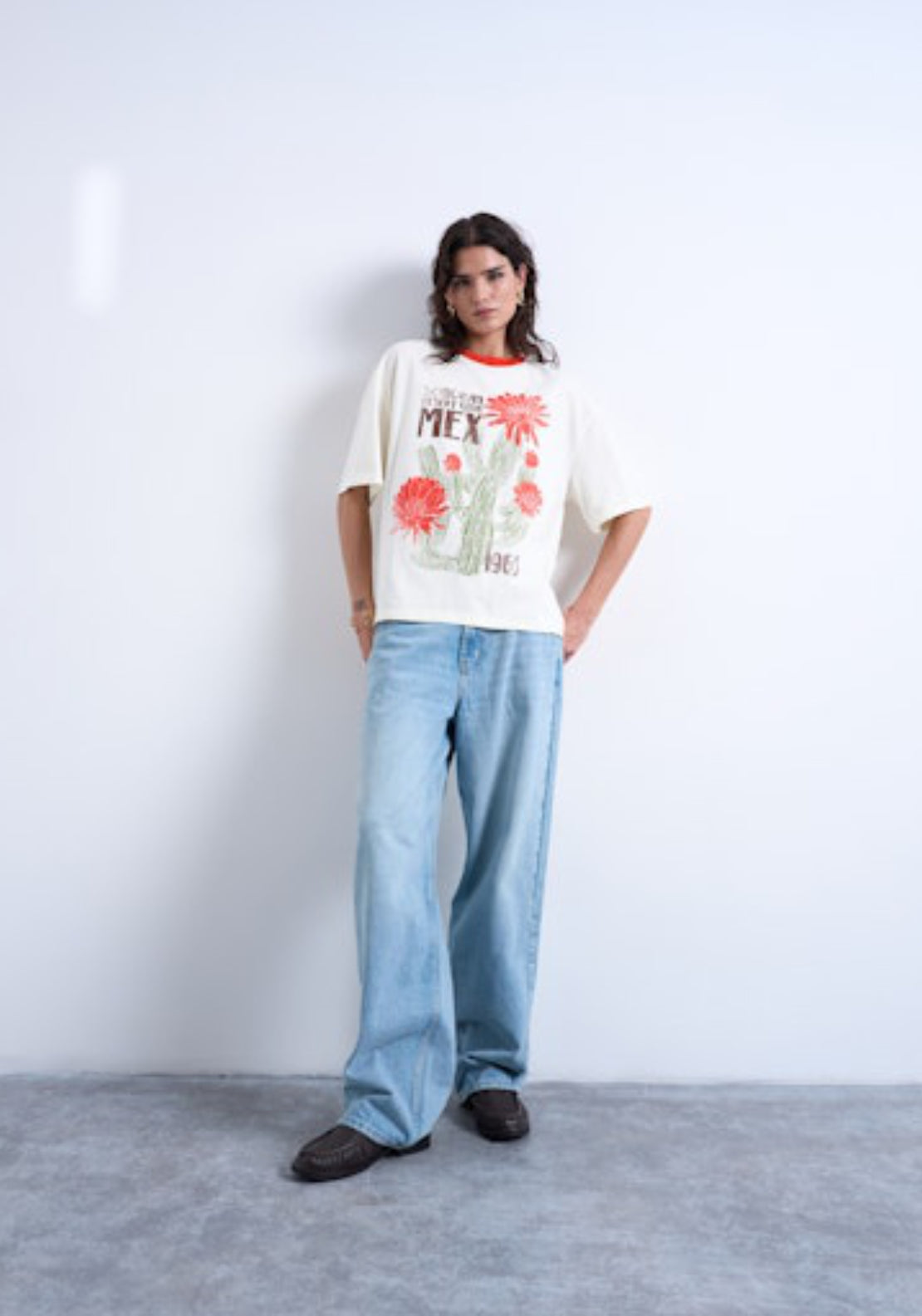 Topshop Emily Short Sleeve Graphic Oversized T-Shirt - Ecru 4 Shaws Department Stores