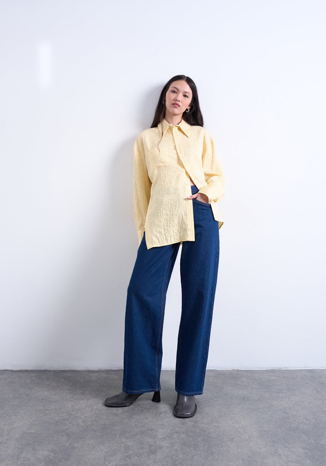 Topshop Sia Long Sleeve Asymetric Shirt - Yellow Cream 4 Shaws Department Stores