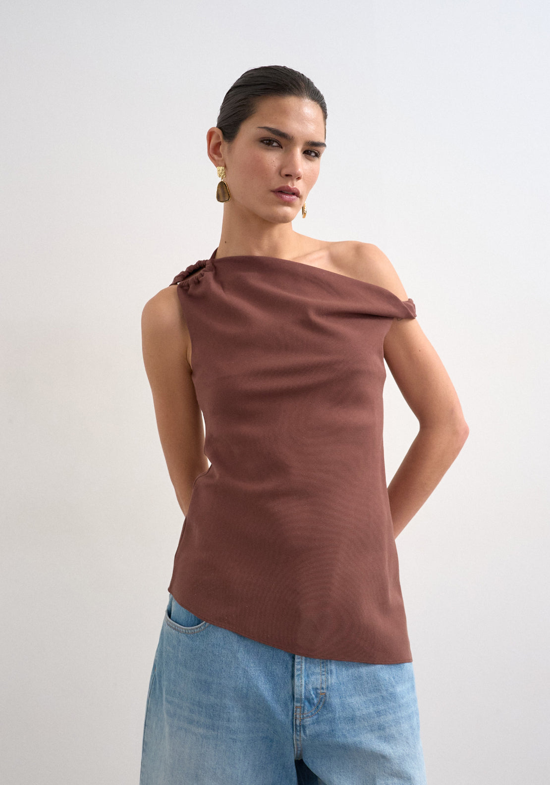 Topshop Talula Asymetric Top - Chocolate Brown 1 Shaws Department Stores