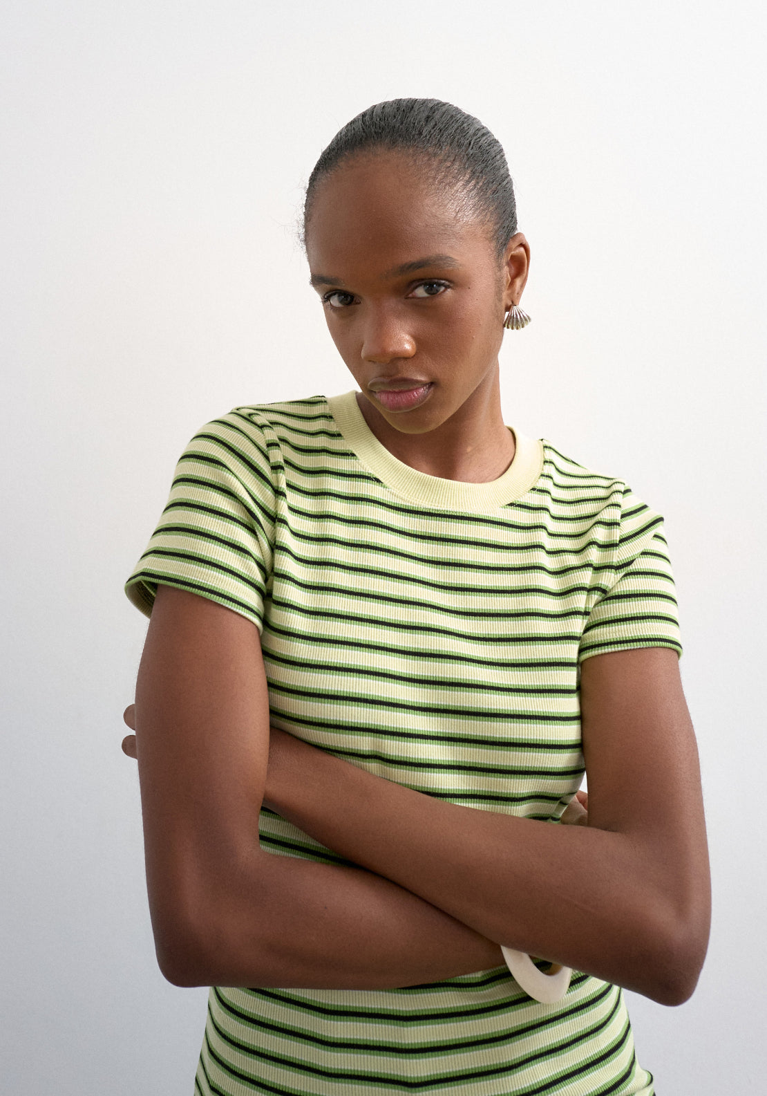 Topshop Sally Short Sleeve Stripe Rib Short Tee - Bright Green 3 Shaws Department Stores