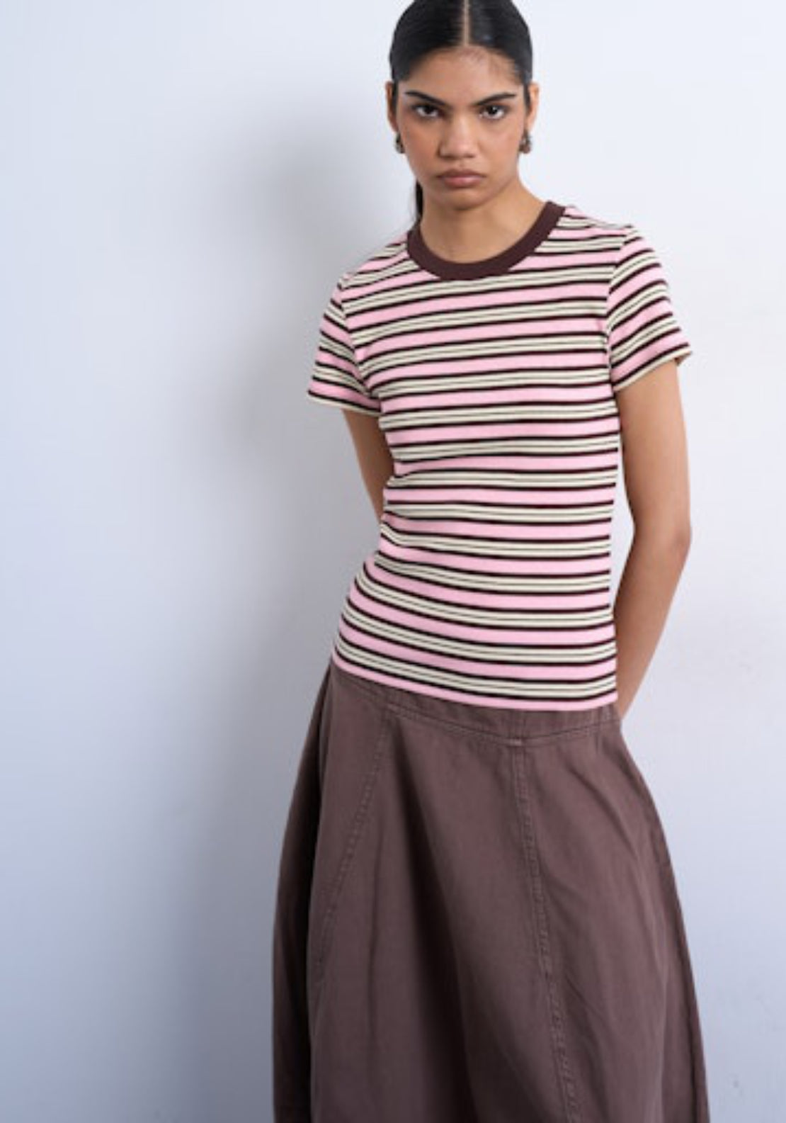 Topshop Sally Short Sleeve Stripe Rib Short Tee - Pink Cosmos 1 Shaws Department Stores