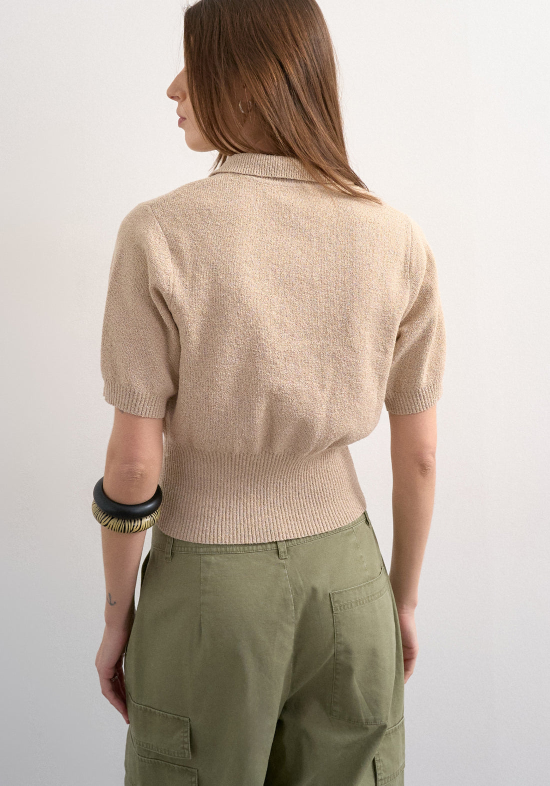 Topshop Kylie Short Sleeve Cinch Waist Polo Pullover - Oatmeal 2 Shaws Department Stores