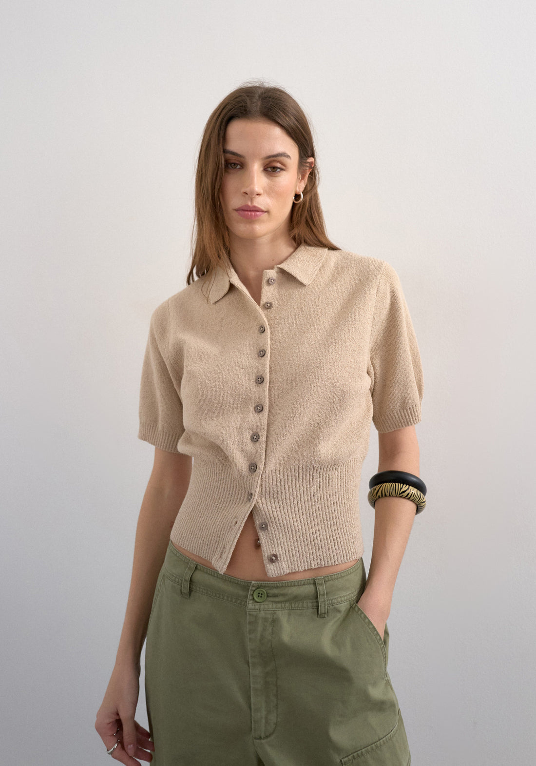 Topshop Kylie Short Sleeve Cinch Waist Polo Pullover - Oatmeal 1 Shaws Department Stores