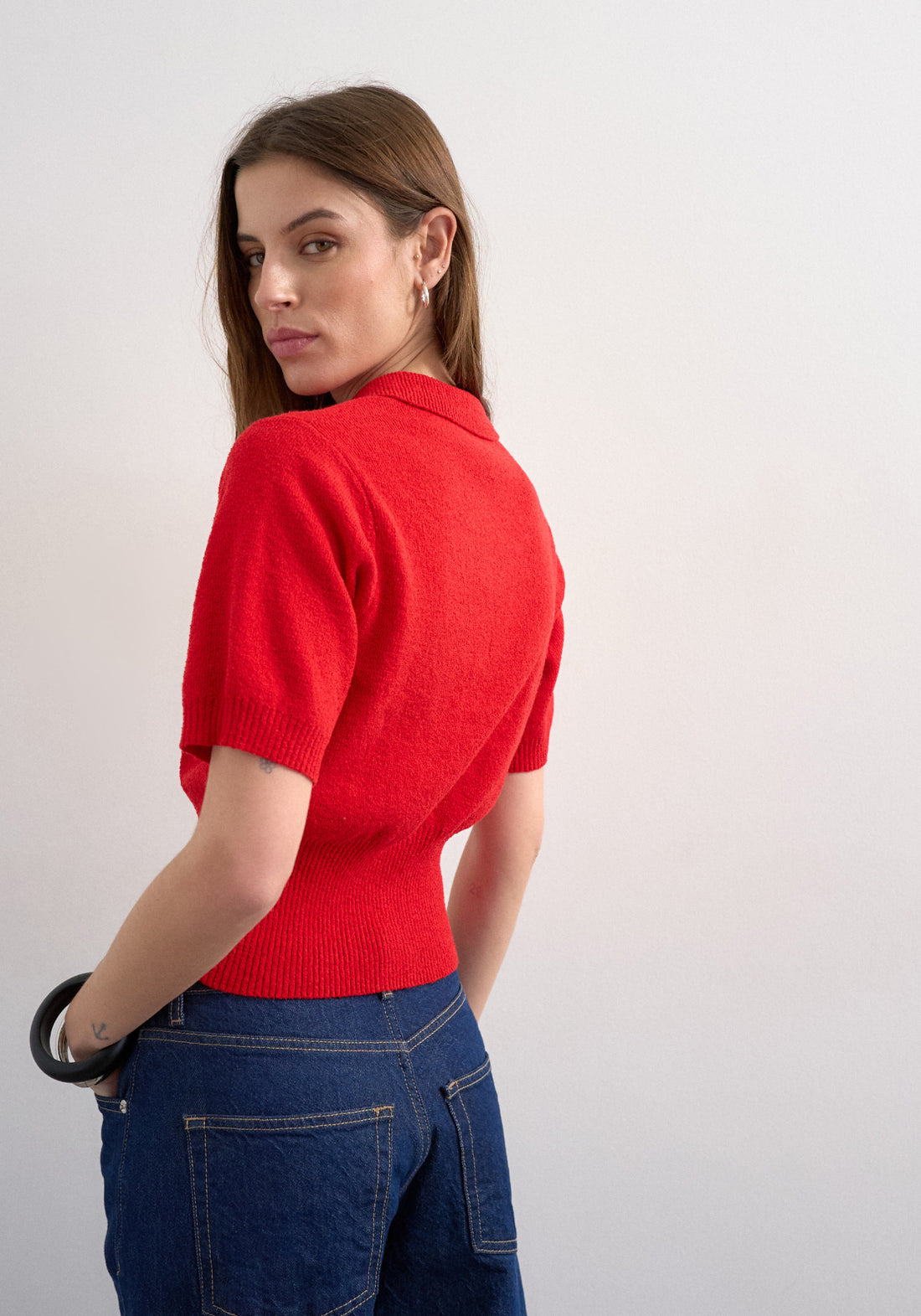 Topshop Kylie Short Sleeve Cinch Waist Polo Pullover - Rio Red 2 Shaws Department Stores